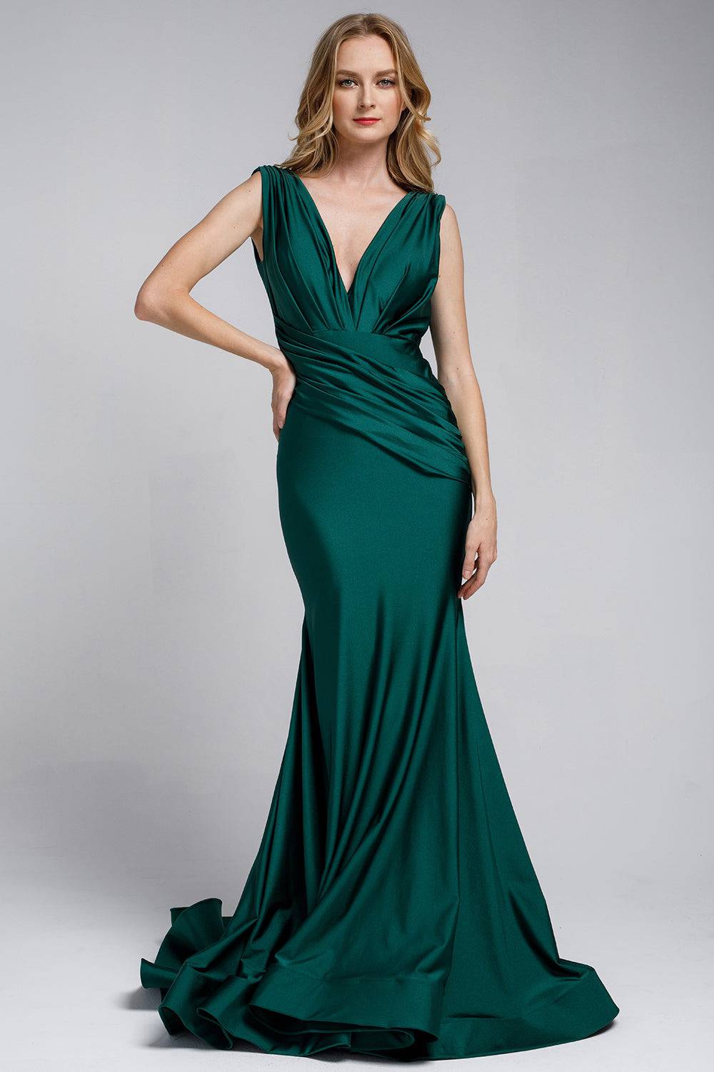 V-Neck Satin Mermaid Long Prom & Bridesmaid Dress AC370