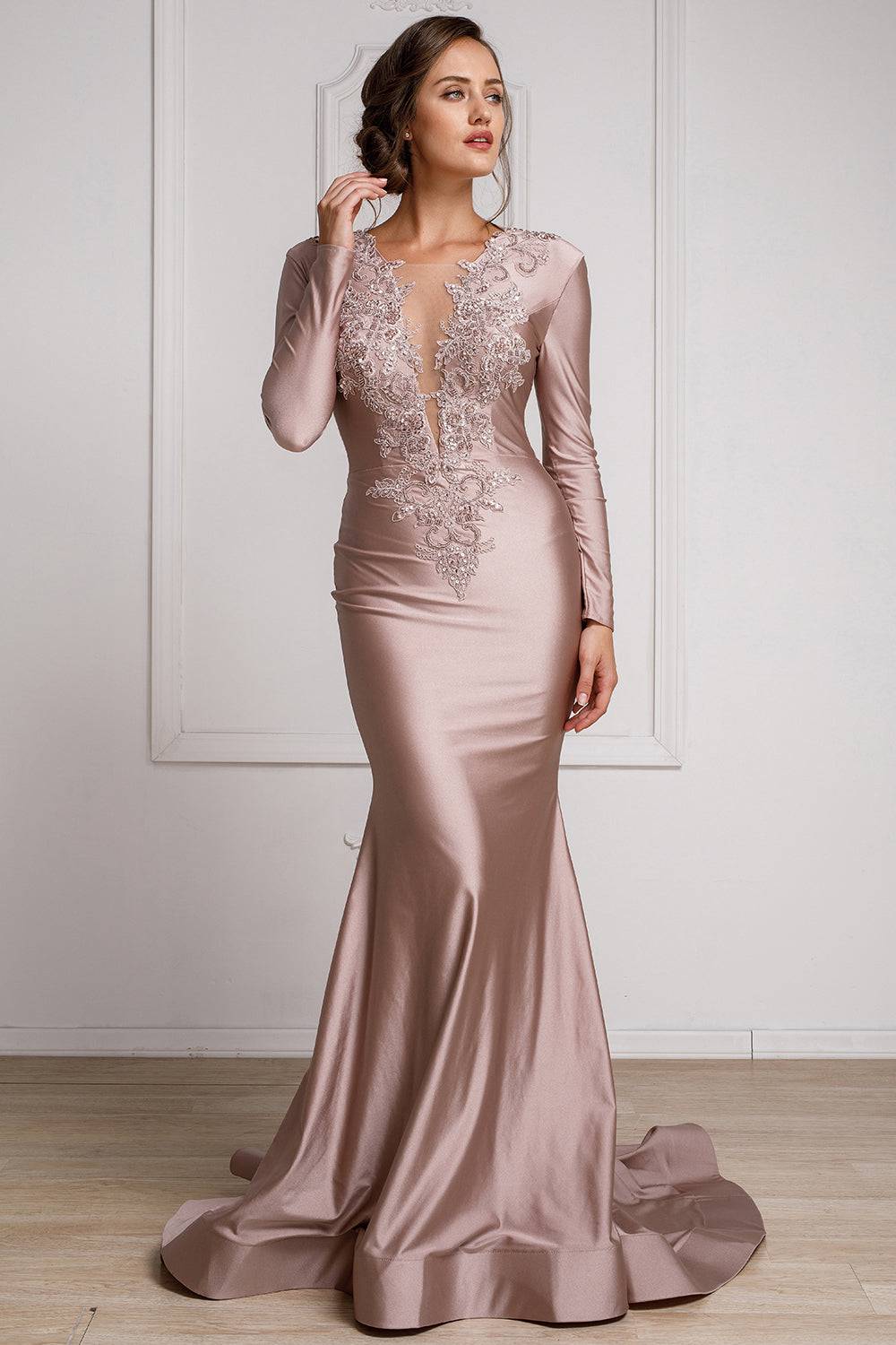 Illusion Deep V-Neck Long Sleeves Mermaid Long Prom Dress AC382