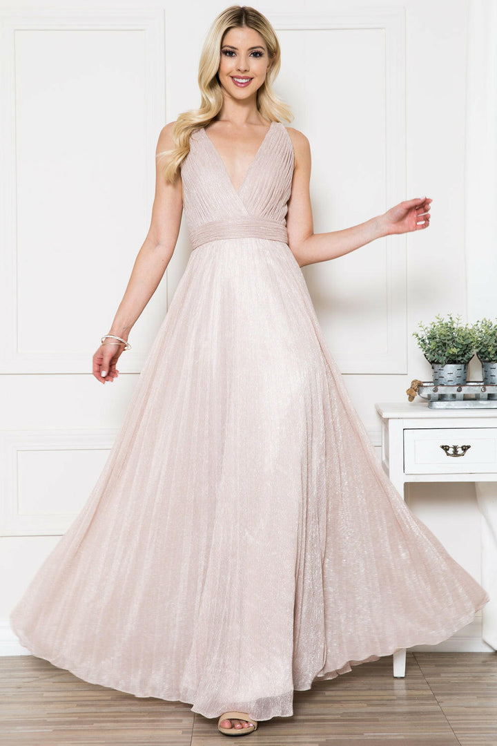 V-Neck Open Back Waist Detailed Glittery Long Evening & Prom Dress ACL598-0