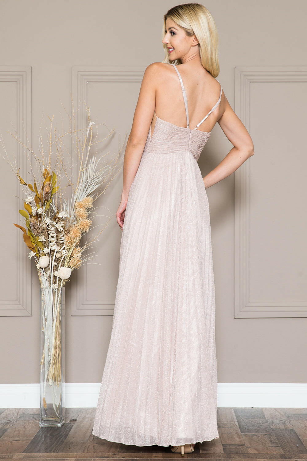 V-Neck Open Back Waist Detailed Glittery Long Evening & Prom Dress ACL598-2
