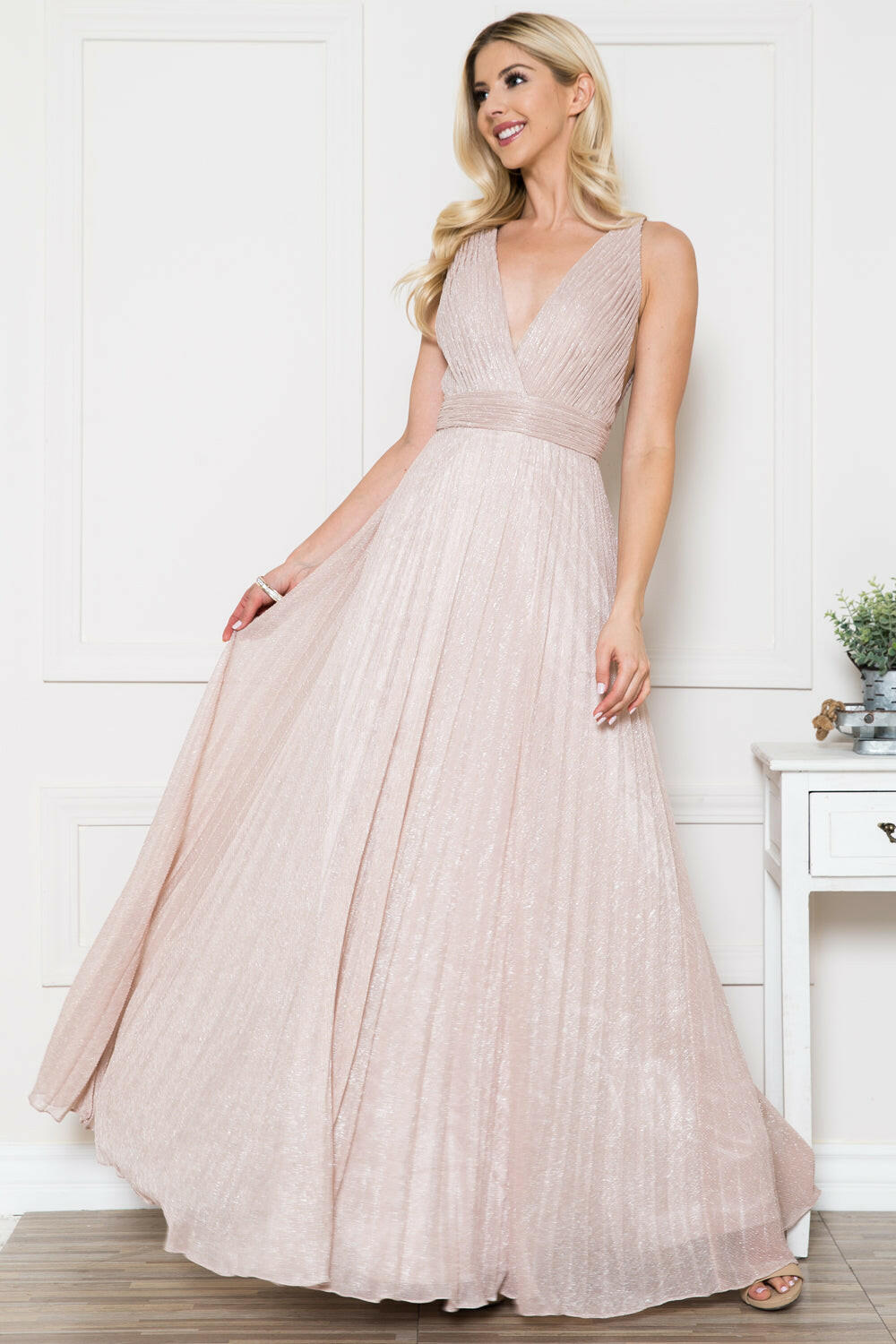 V-Neck Open Back Waist Detailed Glittery Long Evening & Prom Dress ACL598-1