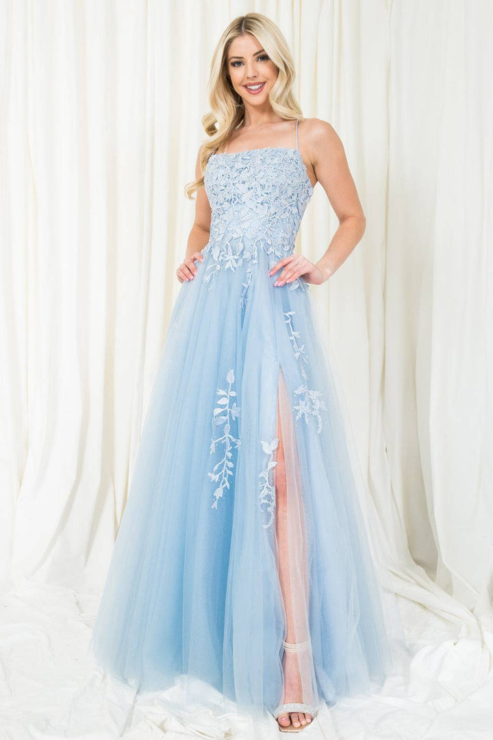 Embroidered Bodice Open Back Slit Long Prom Dress AC7007