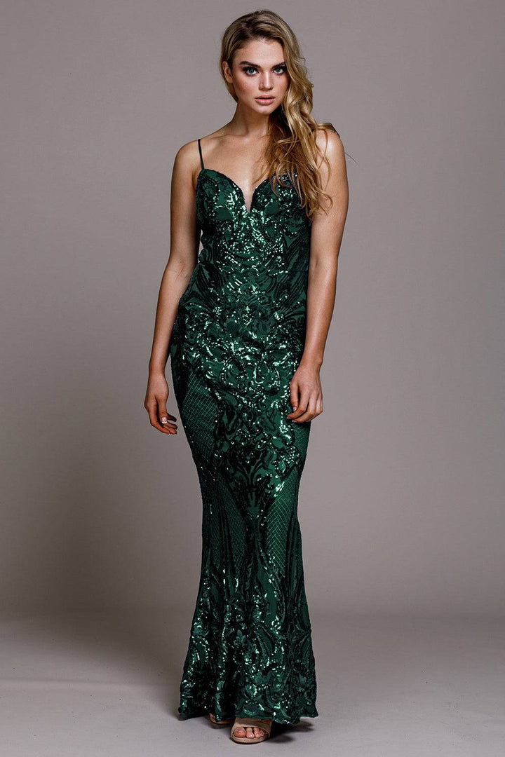 Illusion V-Neck Embroidered Sequins Long Prom Dress