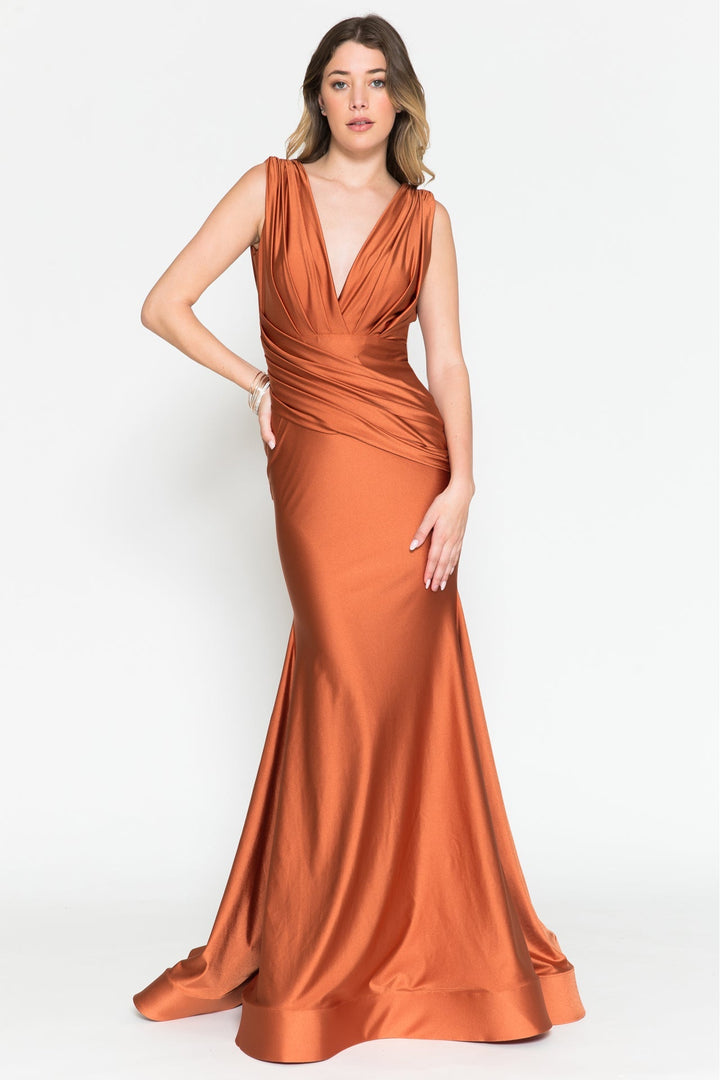 V-Neck Satin Mermaid Long Prom & Bridesmaid Dress AC370