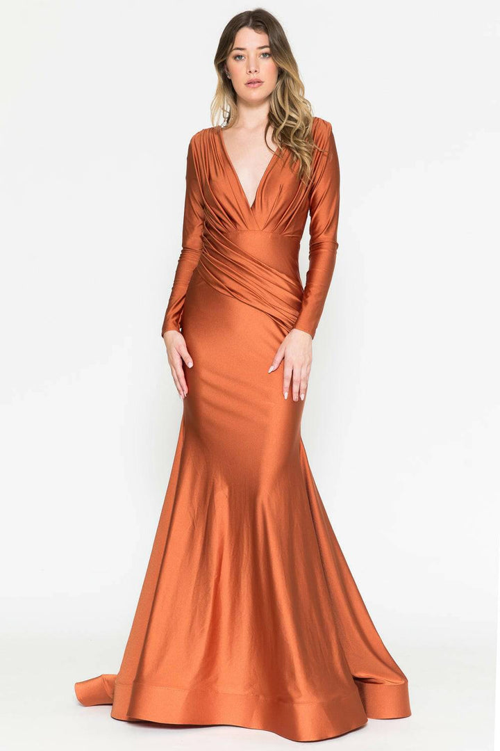 V-Neck Long Sleeves Mermaid Satin Long Evening & Mother Of The Bride Dress AC381 Sale-Shangri-La Fashion