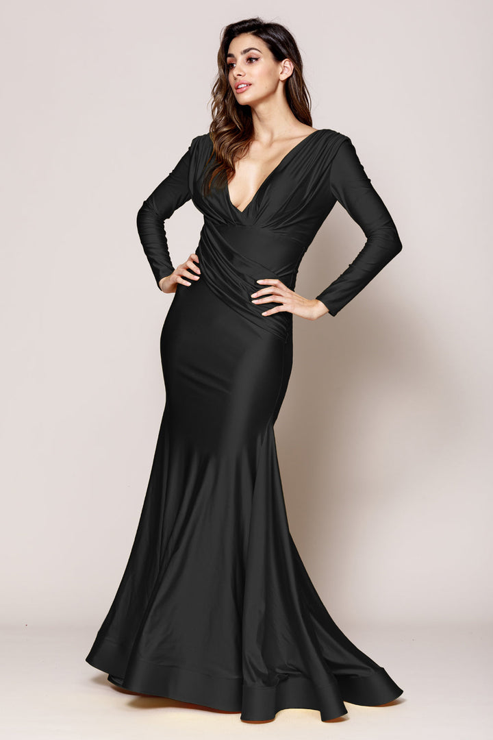 V-Neck Long Sleeves Mermaid Satin Long Evening & Mother Of The Bride Dress AC381-5