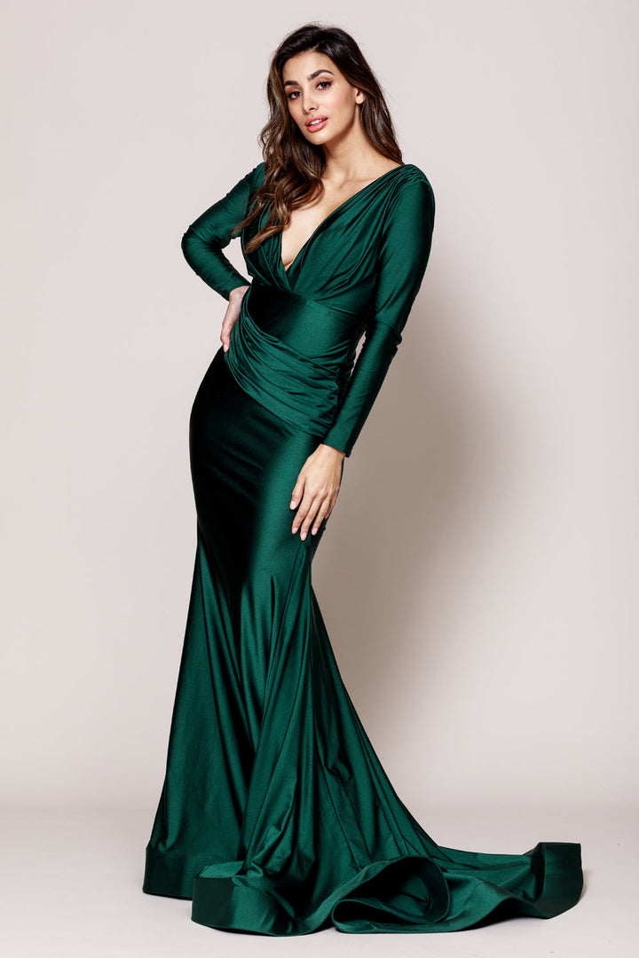 V-Neck Long Sleeves Mermaid Satin Long Evening & Mother Of The Bride Dress AC381-8