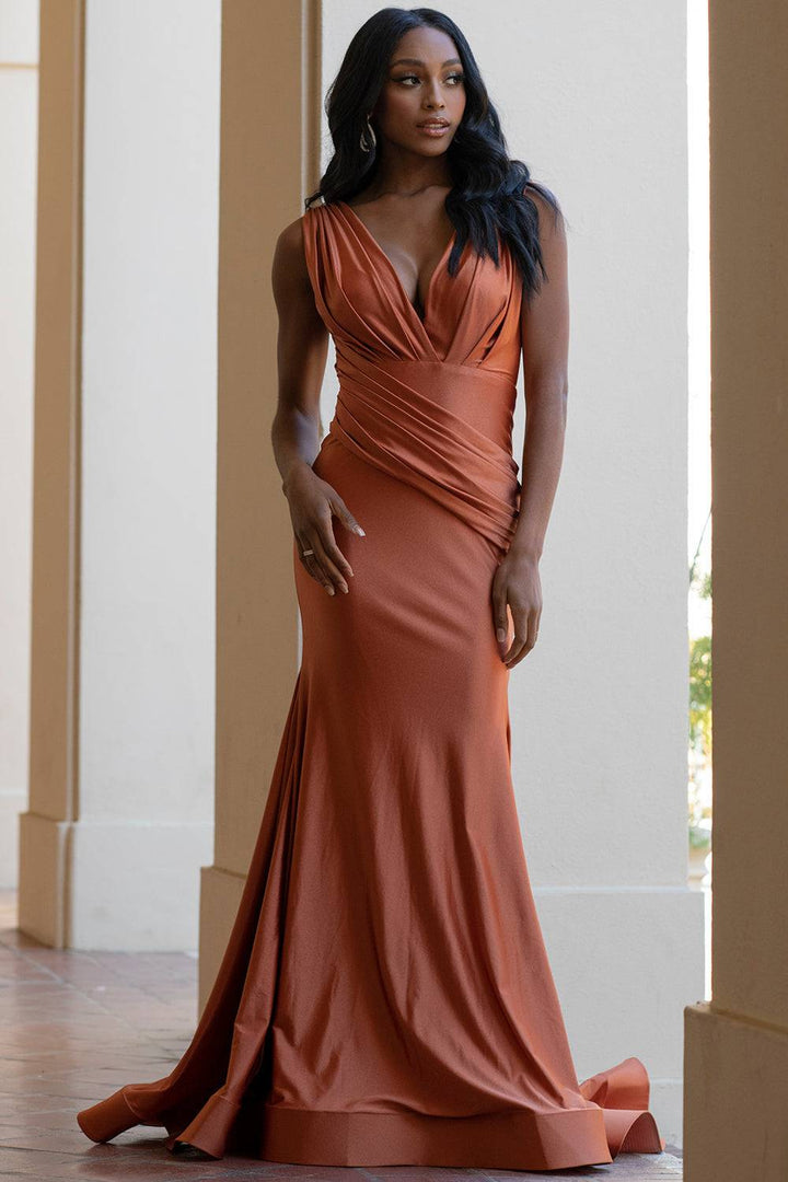 V-Neck Satin Mermaid Long Prom & Bridesmaid Dress AC370