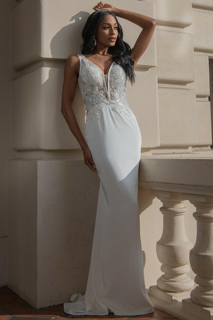 Open V-Back Illusion V-Neck Mermaid Long Wedding Dress AC5030-0