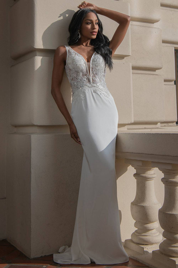 Open V-Back Illusion V-Neck Mermaid Long Wedding Dress AC5030