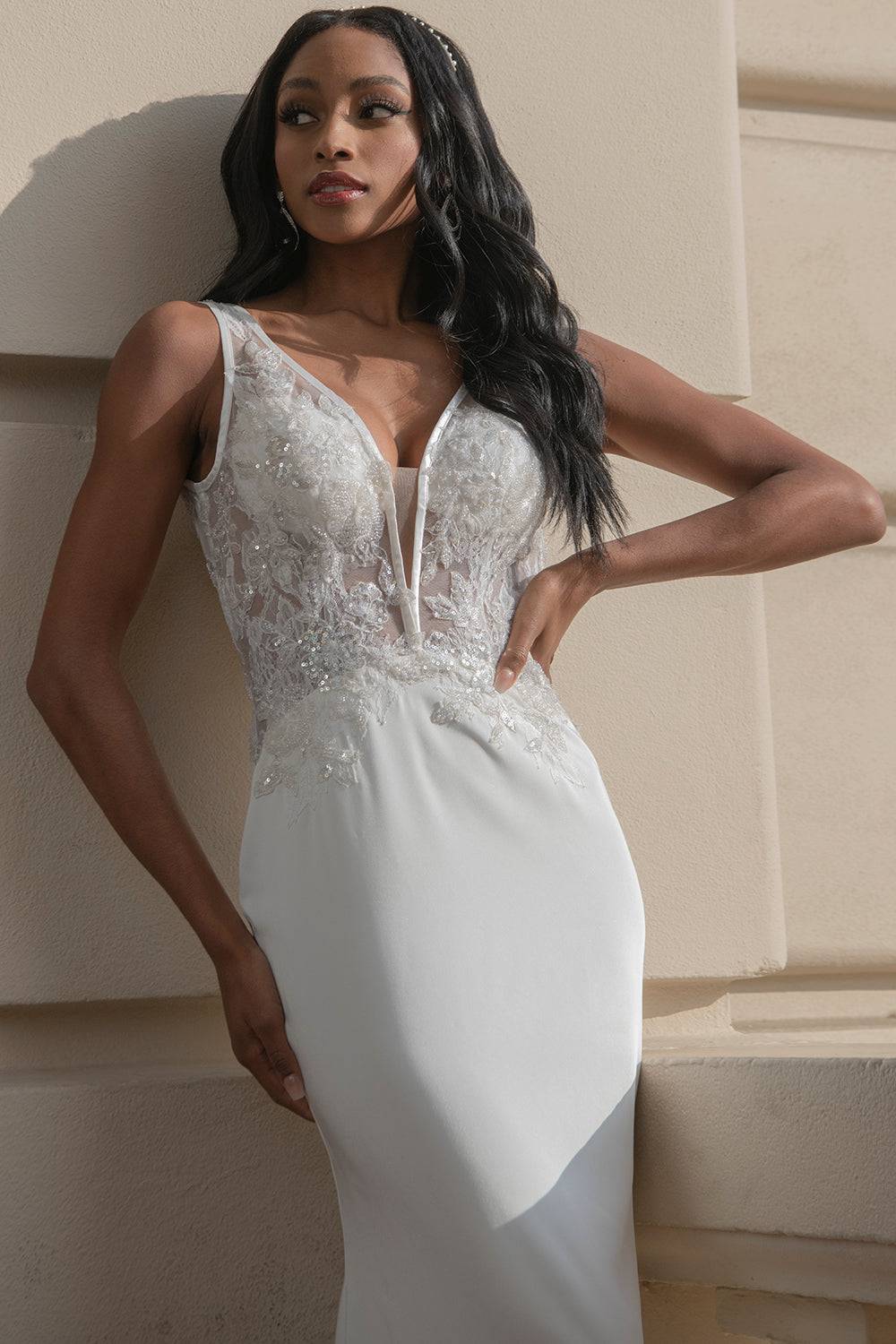 Open V-Back Illusion V-Neck Mermaid Long Wedding Dress AC5030