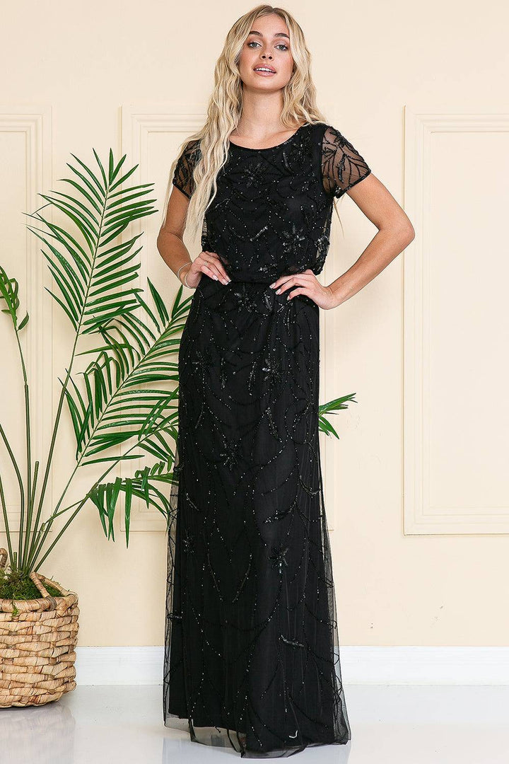 Short Sleeeves Glitter Embellished Long Mother Of The Bride Dress