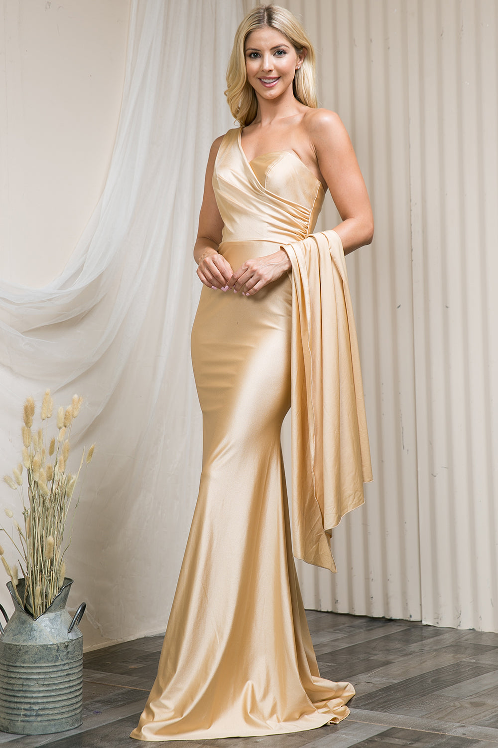 One Shoulder Fit & Flare Lycra Eleganr Side Cape Long Prom Dress AC387-1