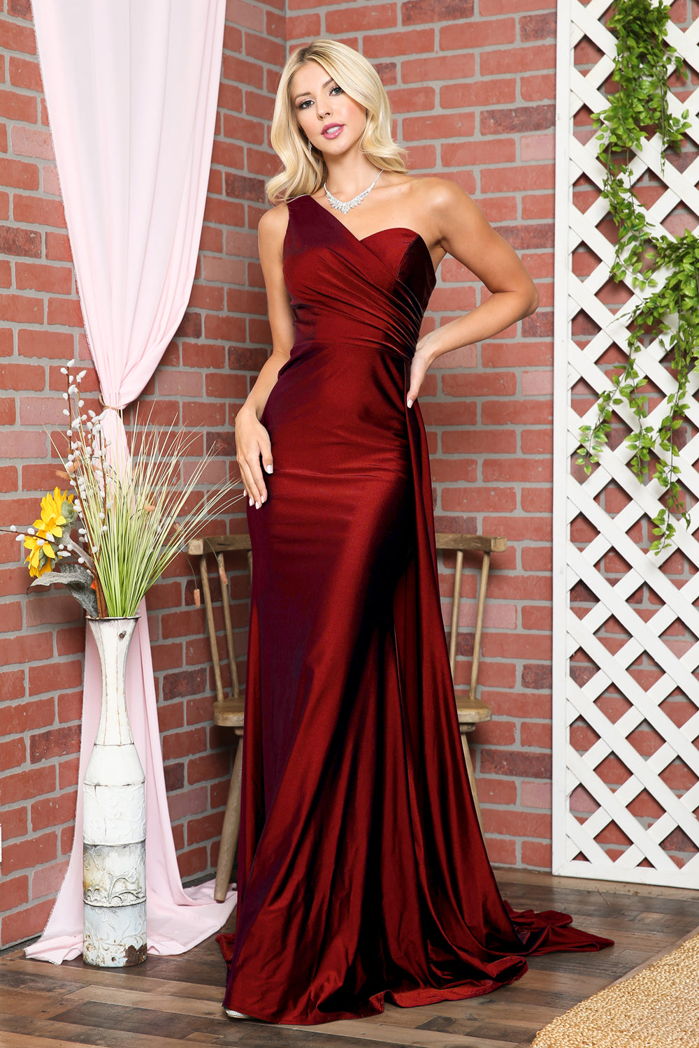 One Shoulder Fit & Flare Lycra Eleganr Side Cape Long Prom Dress AC387-7