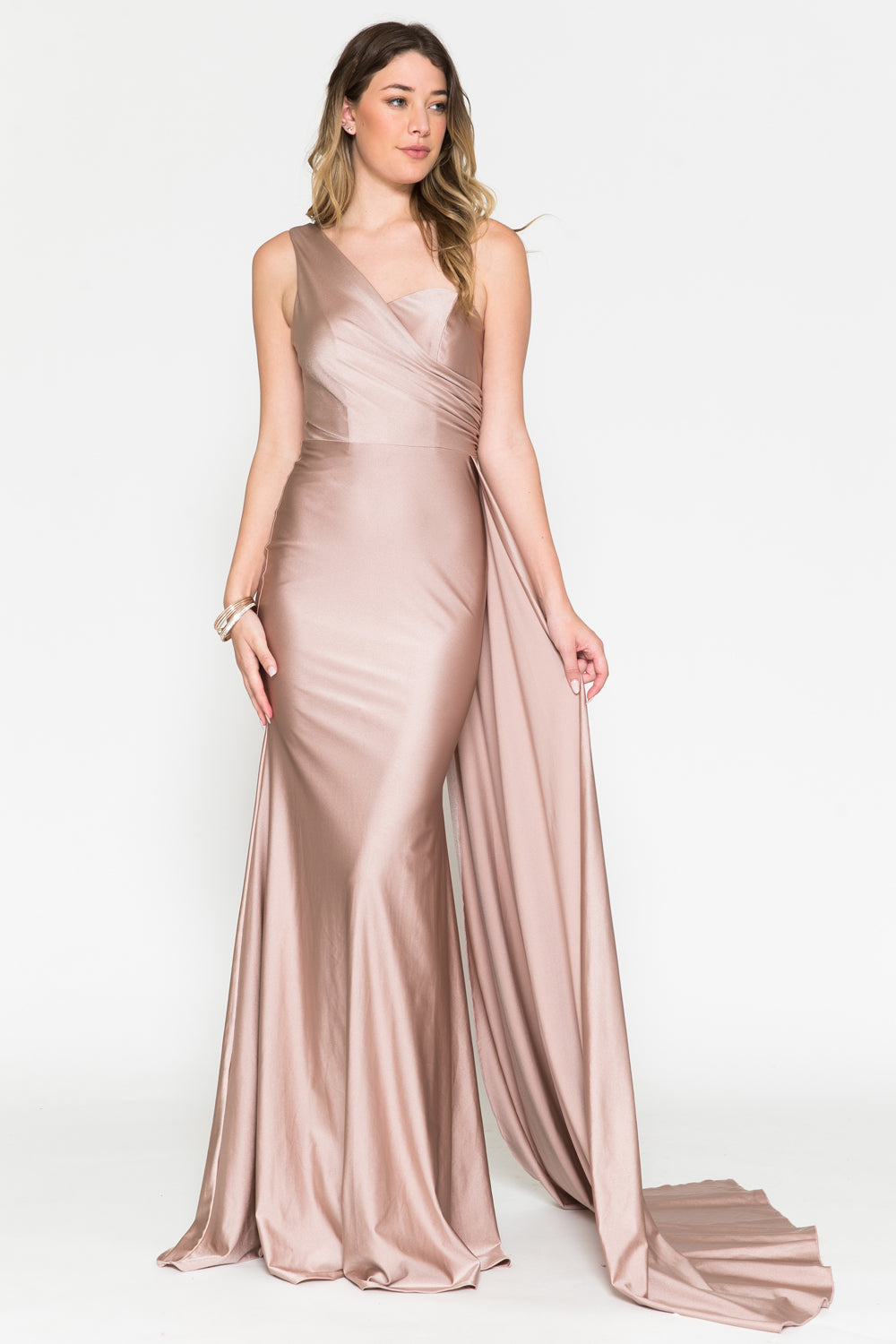 One Shoulder Fit & Flare Lycra Eleganr Side Cape Long Prom Dress AC387-9