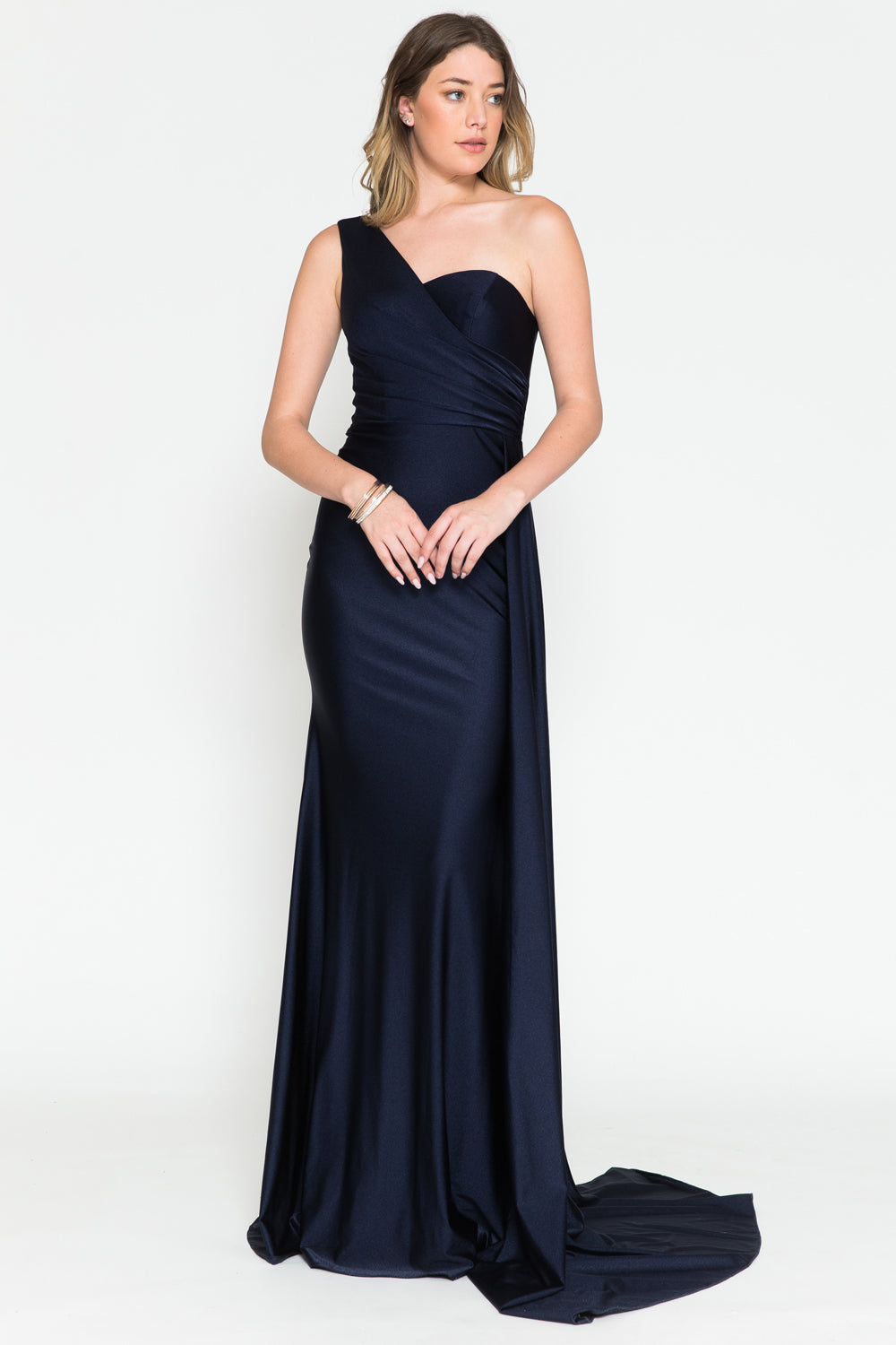 One Shoulder Fit & Flare Lycra Eleganr Side Cape Long Prom Dress AC387-11