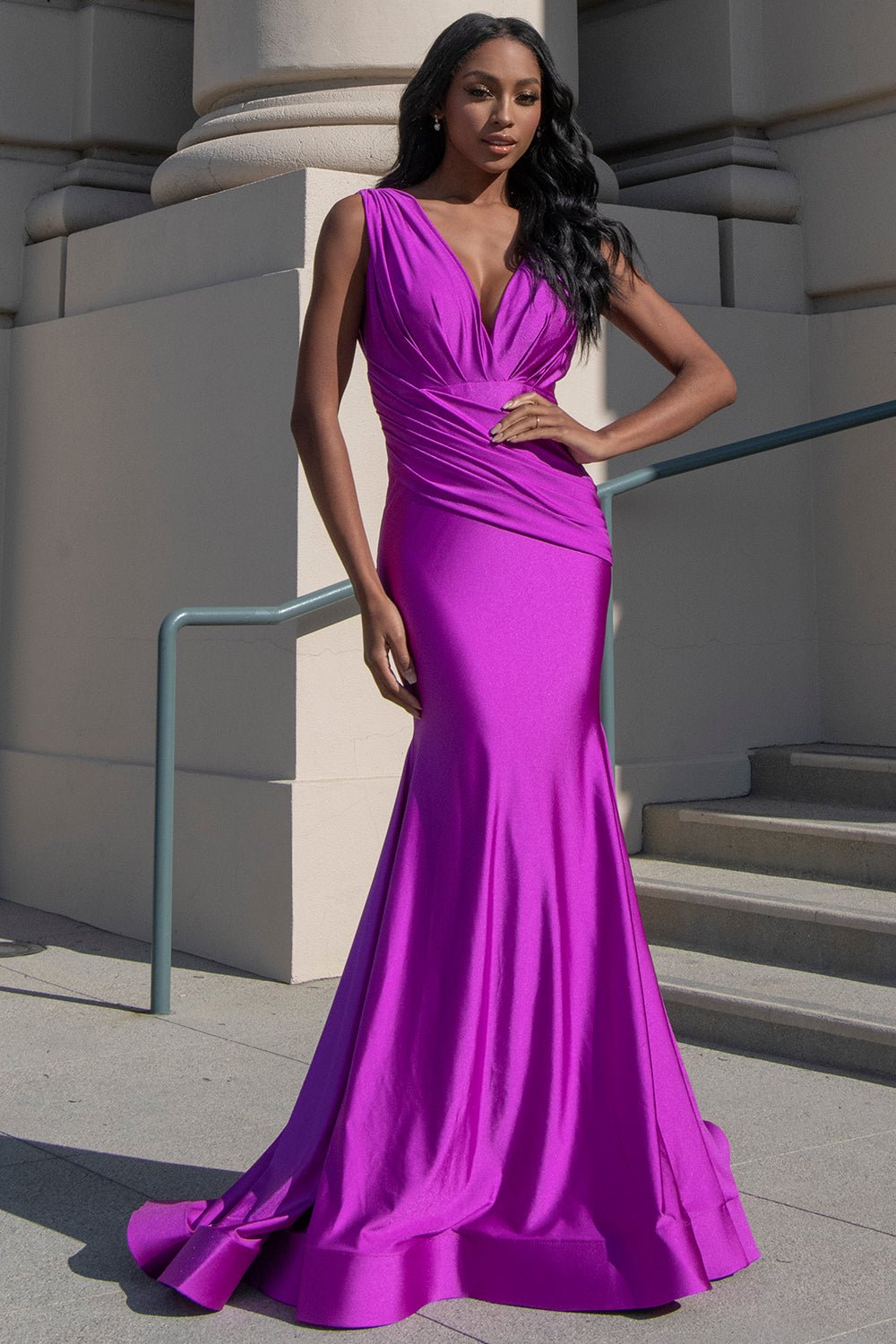 Sleeveless Fit & Flare Lycra Ruched Waist Plunge Neck Long Prom Dress AC370-1-0