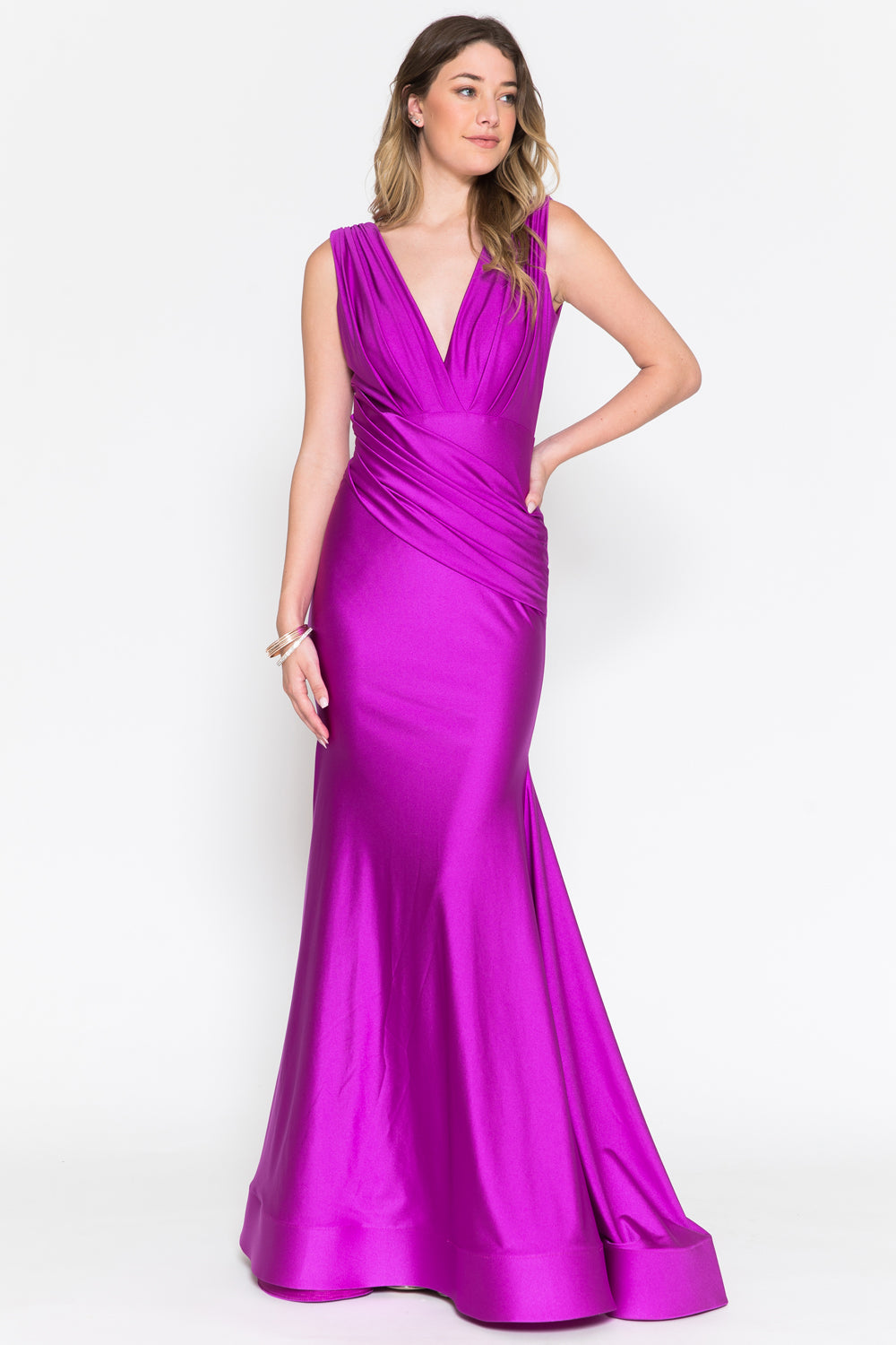 Sleeveless Fit & Flare Lycra Ruched Waist Plunge Neck Long Prom Dress AC370-1-1