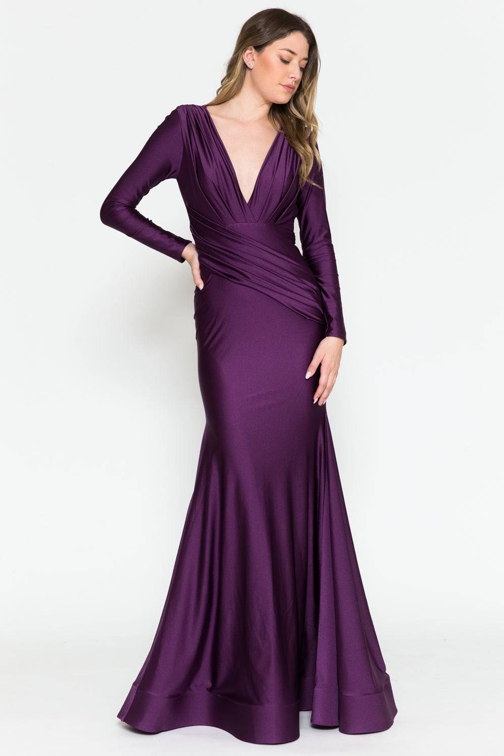 Long Sleeve Plunge Neckline Open Back Long Prom Dress AC381-1