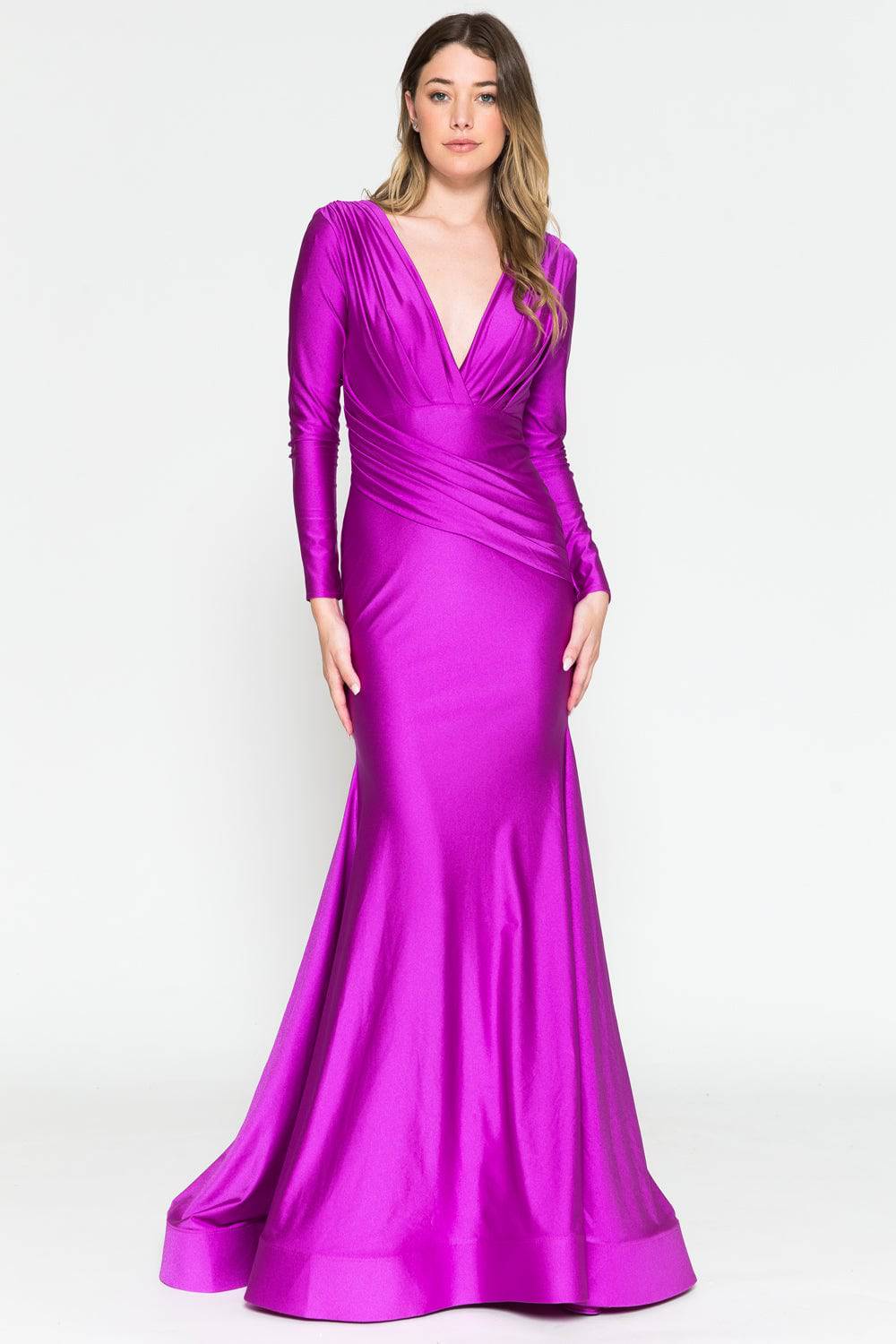 Long Sleeve Plunge Neckline Open Back Long Prom Dress AC381-1