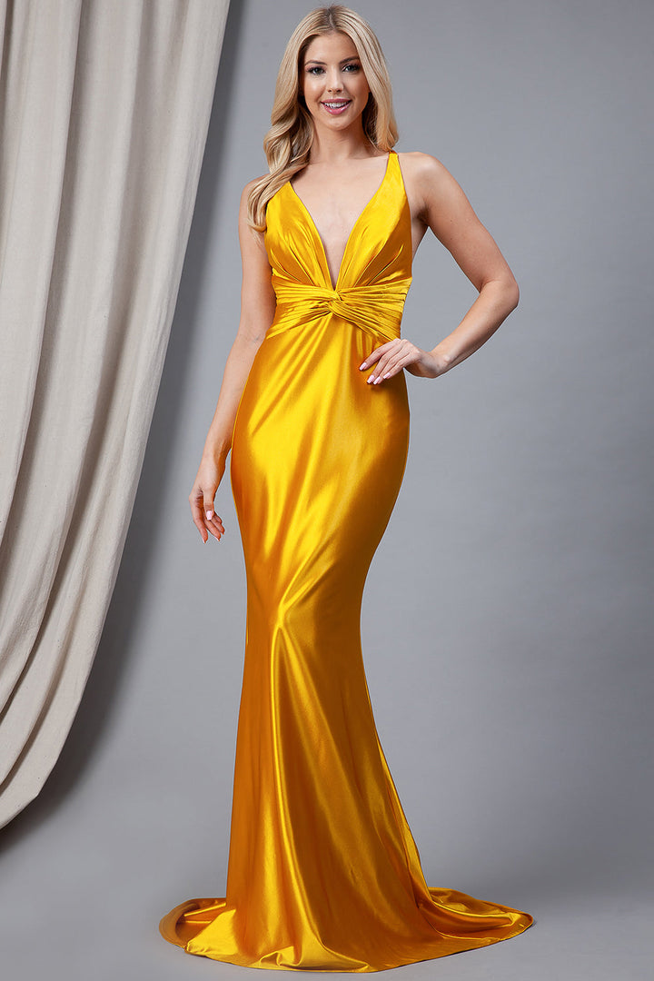 Satin Open Criss Cross Back Long Prom Dress AC5039-0