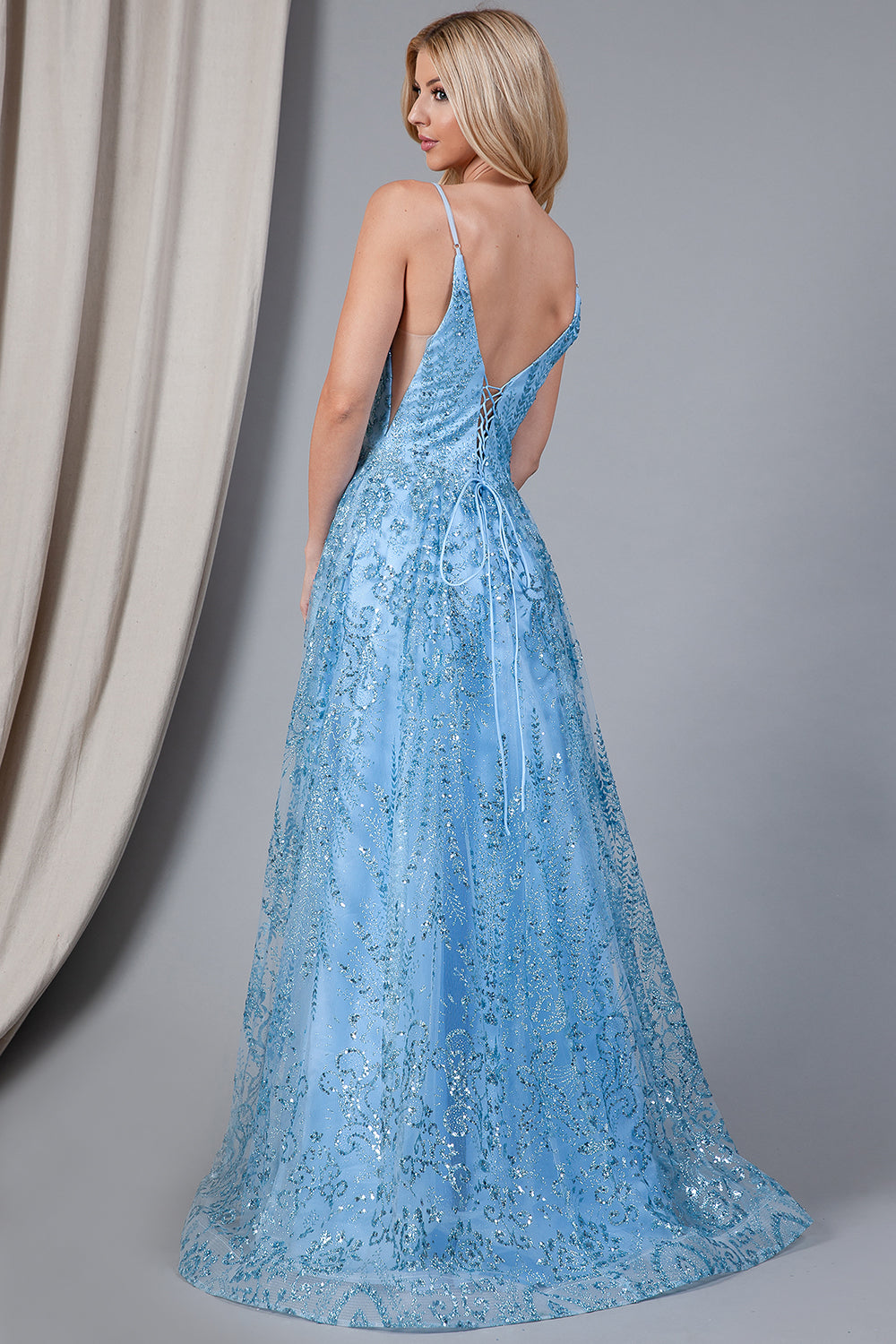 Glitter Embroidererd Lace Side Slit Open V-Back Long Prom Dress ACEL010-2