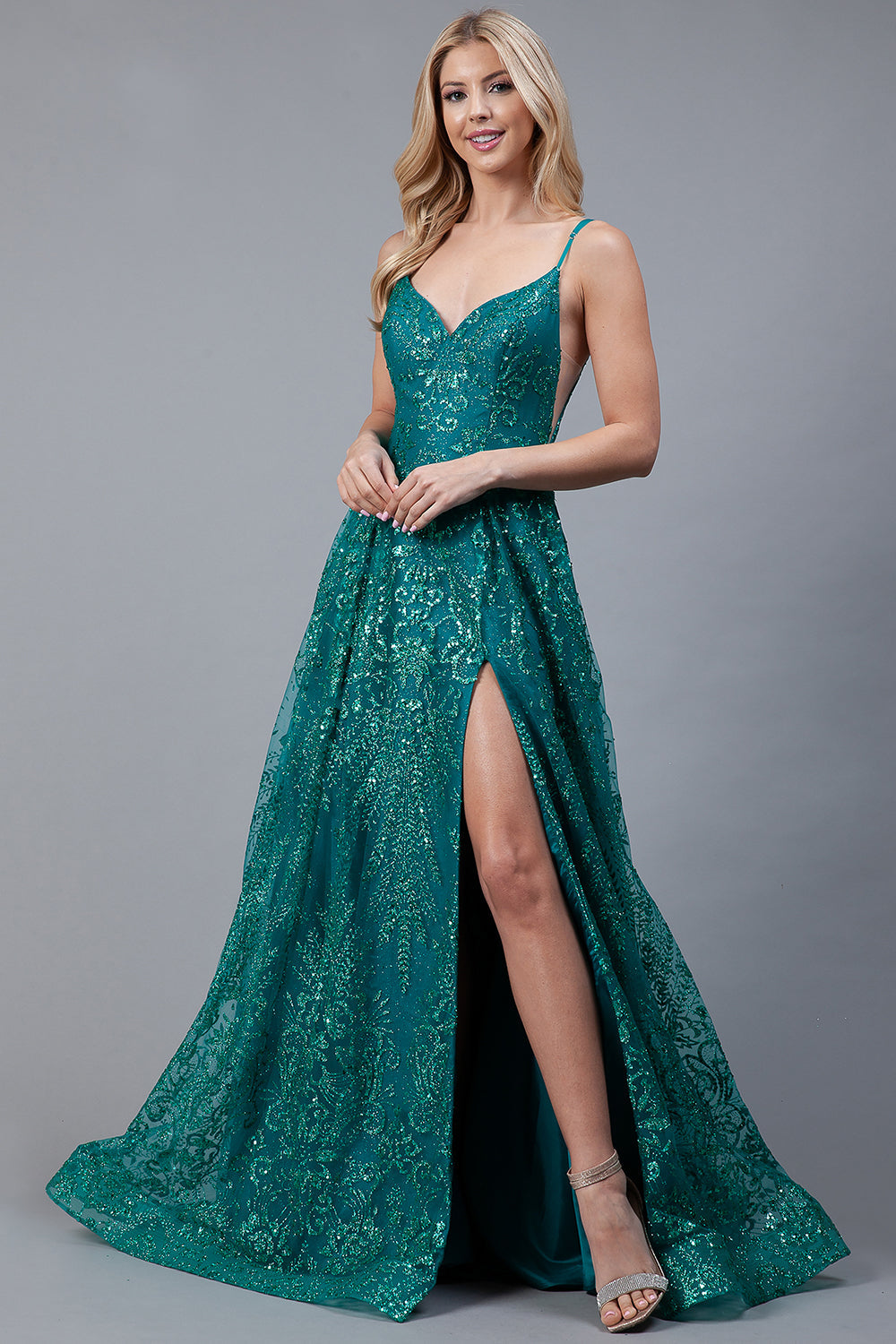 Glitter Embroidererd Lace Side Slit Open V-Back Long Prom Dress ACEL010-3