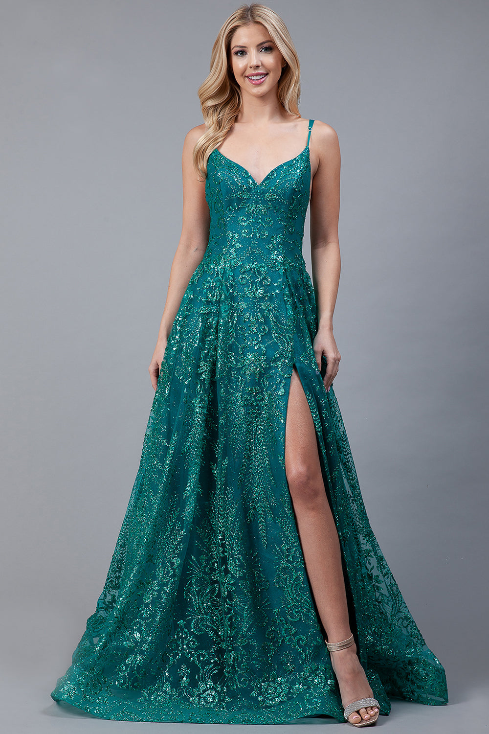 Glitter Embroidererd Lace Side Slit Open V-Back Long Prom Dress ACEL010-4