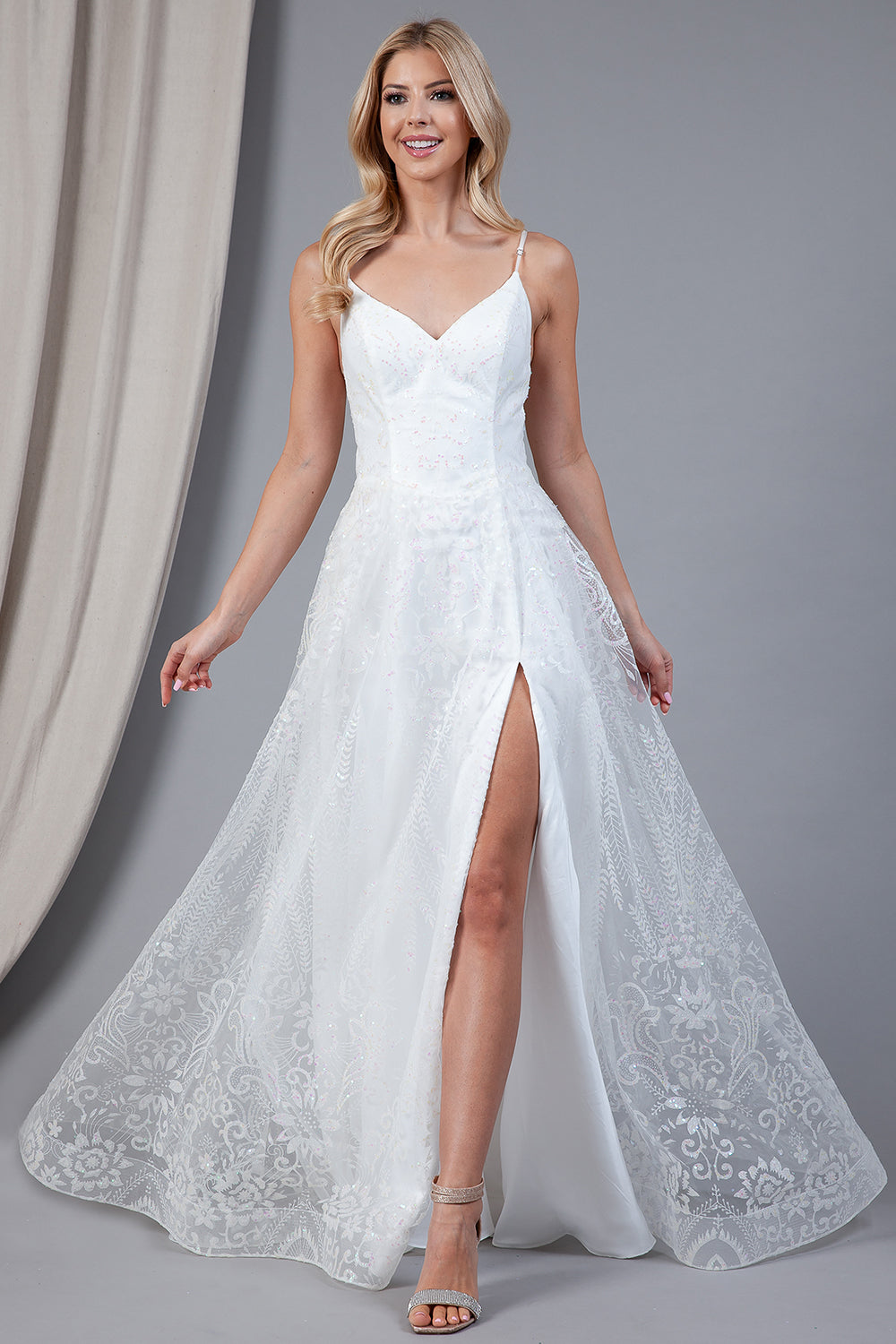 Glitter Embroidererd Lace Side Slit Open V-Back Long Prom Dress ACEL010-5