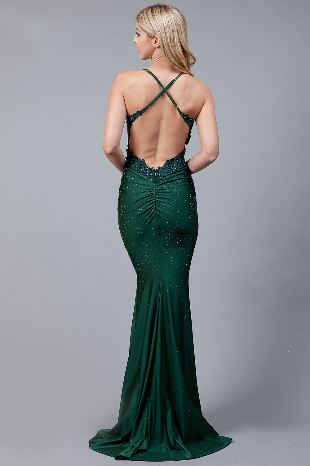 Embroidered Bodice Open Criss Cross Back Mermaid Long Prom Dress ACTM1001-2