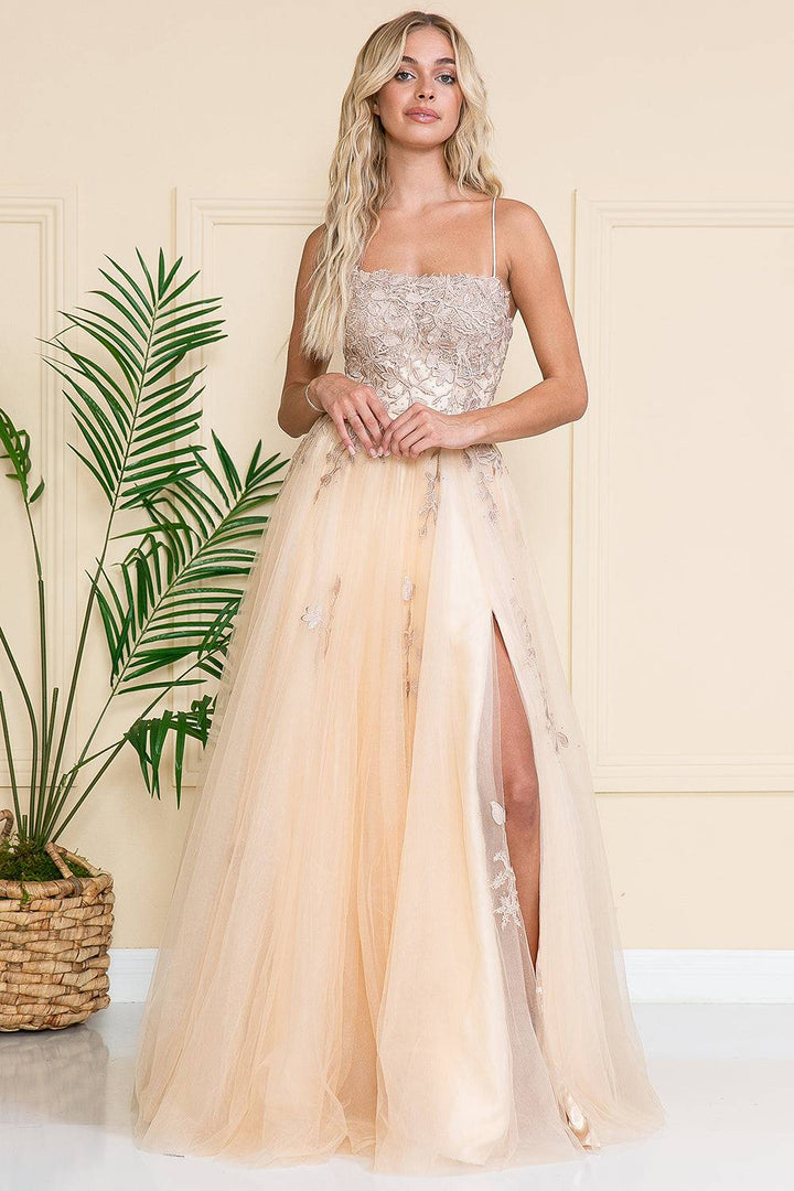 Embroidered Bodice Open Back Slit Long Prom Dress AC7007