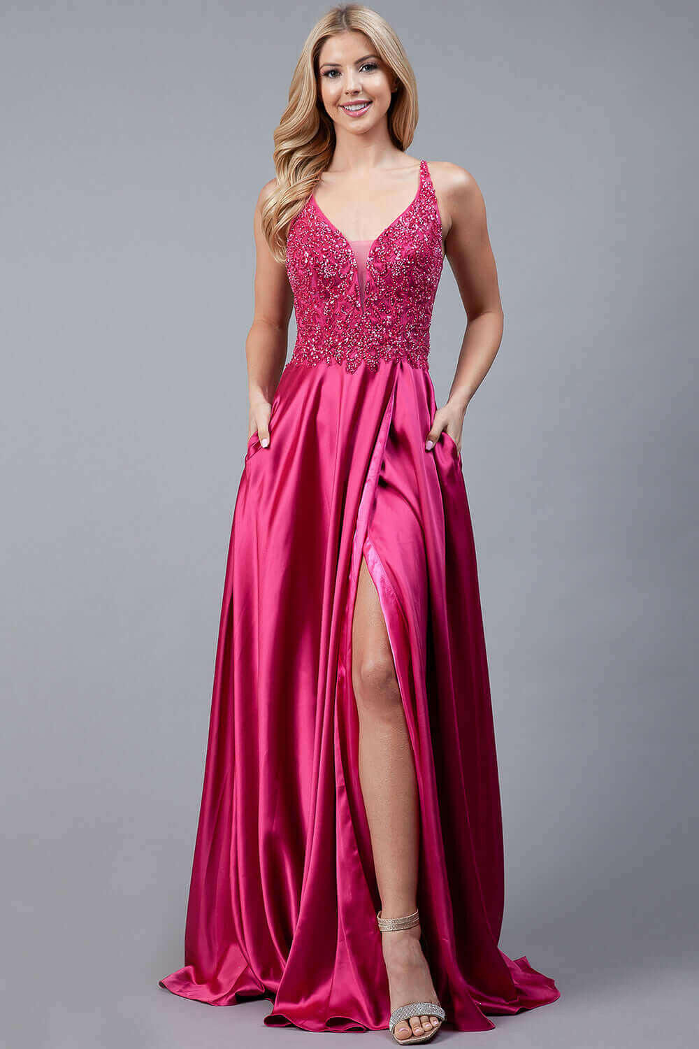 Front Slit Embroidered Bodice Straps Satin Skirt Long Prom Dress AC6120-6