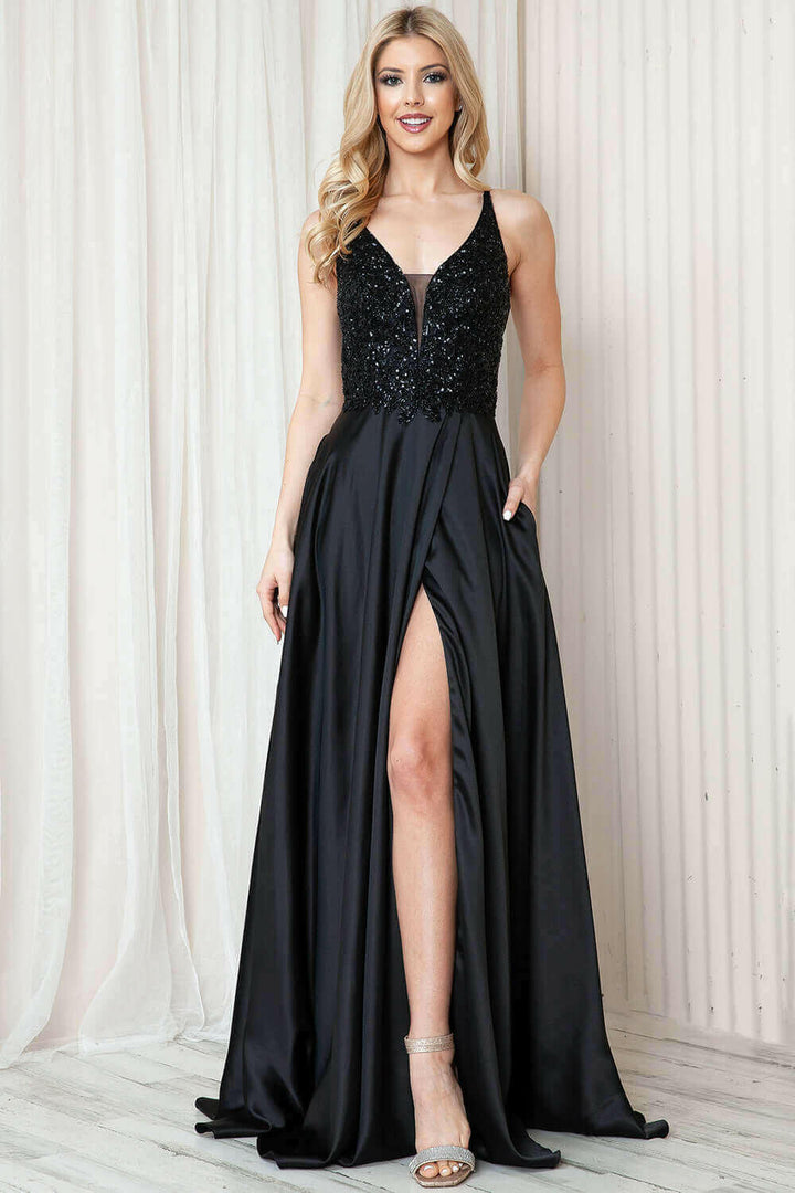 Front Slit Embroidered Bodice Straps Satin Skirt Long Prom Dress AC6120-0