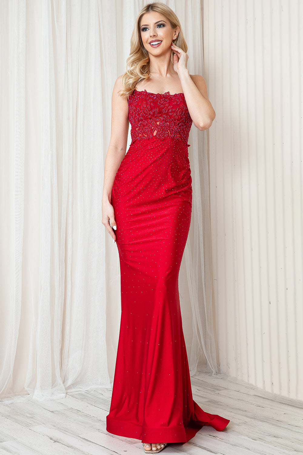 Embroidered Bodice Open Criss Cross Back Mermaid Long Prom Dress ACTM1001-4