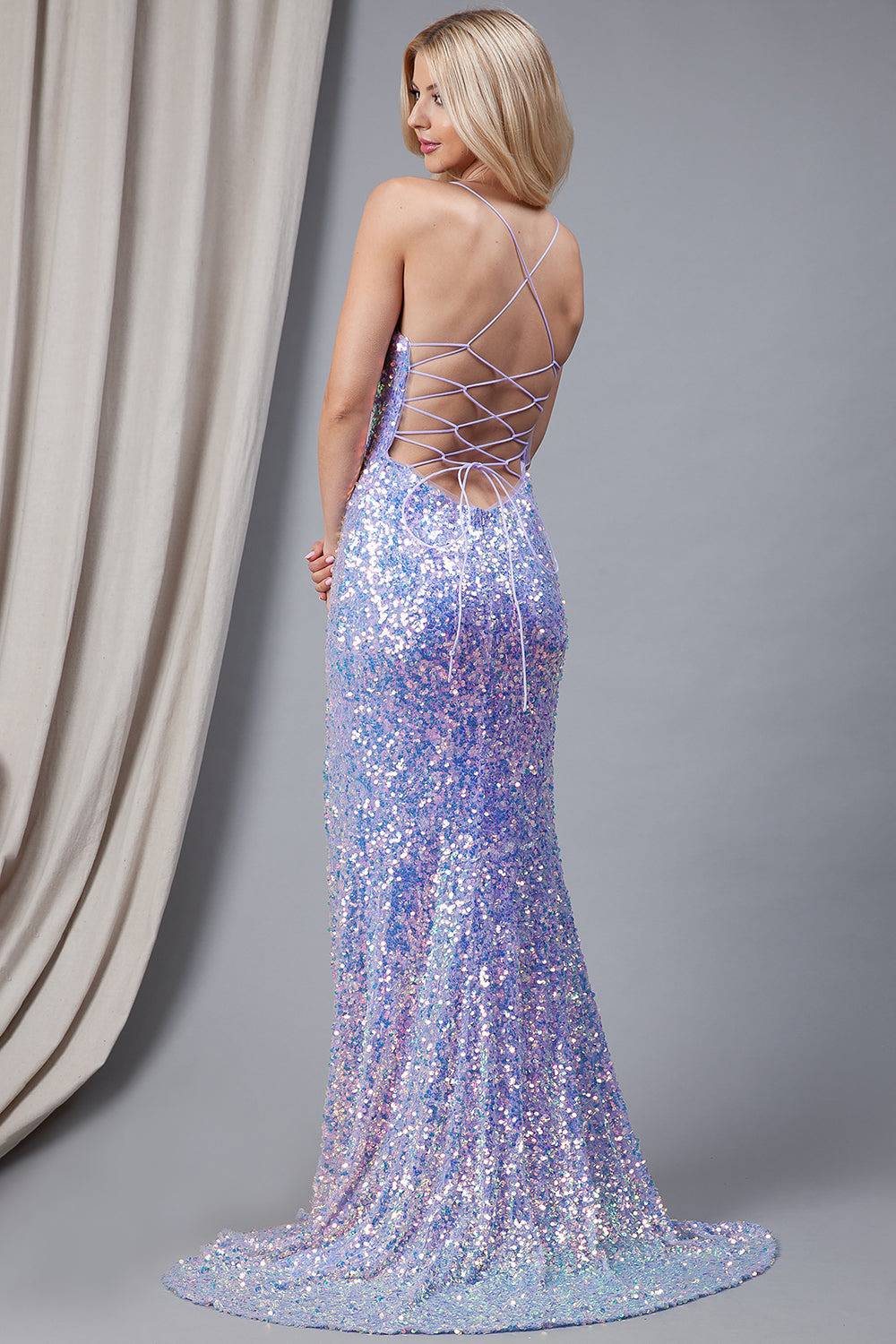 Embroidered Sequins Side Slit Fitted Open Criss Cross Back Long Prom Dress AC5046