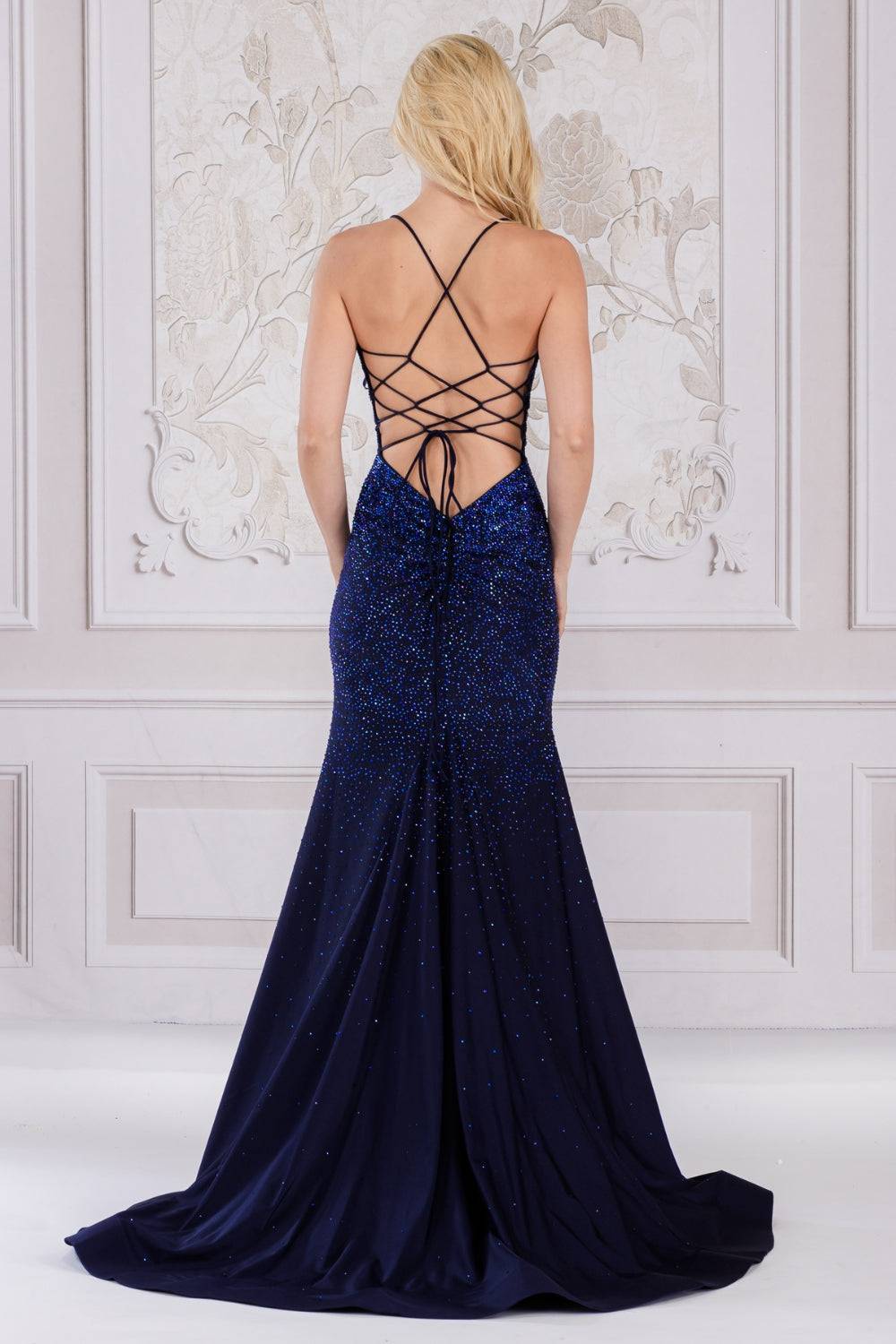 Mermaid Illusion V-Neck Embellished Sequin Open Criss Cross Back Long Prom Dress AC3018