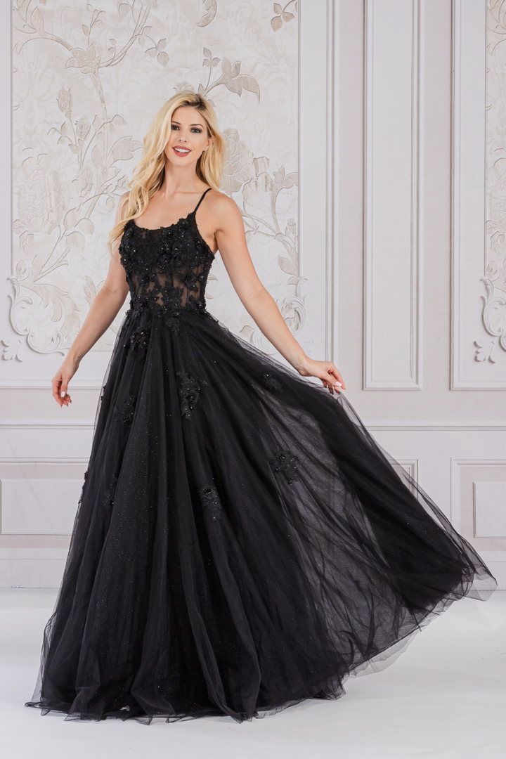 Flower Embroidery Tulle Skirt Boat Neck Long Prom Dress AC7035-5