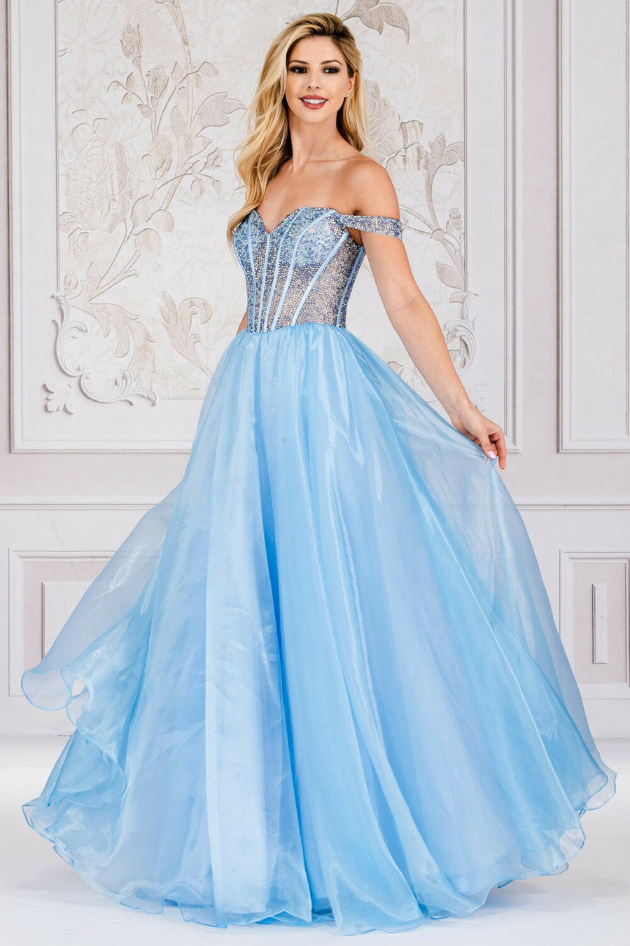 Off Shoulder Sheer Embellished Bodice A-Line Long Prom Dress AC7040-0