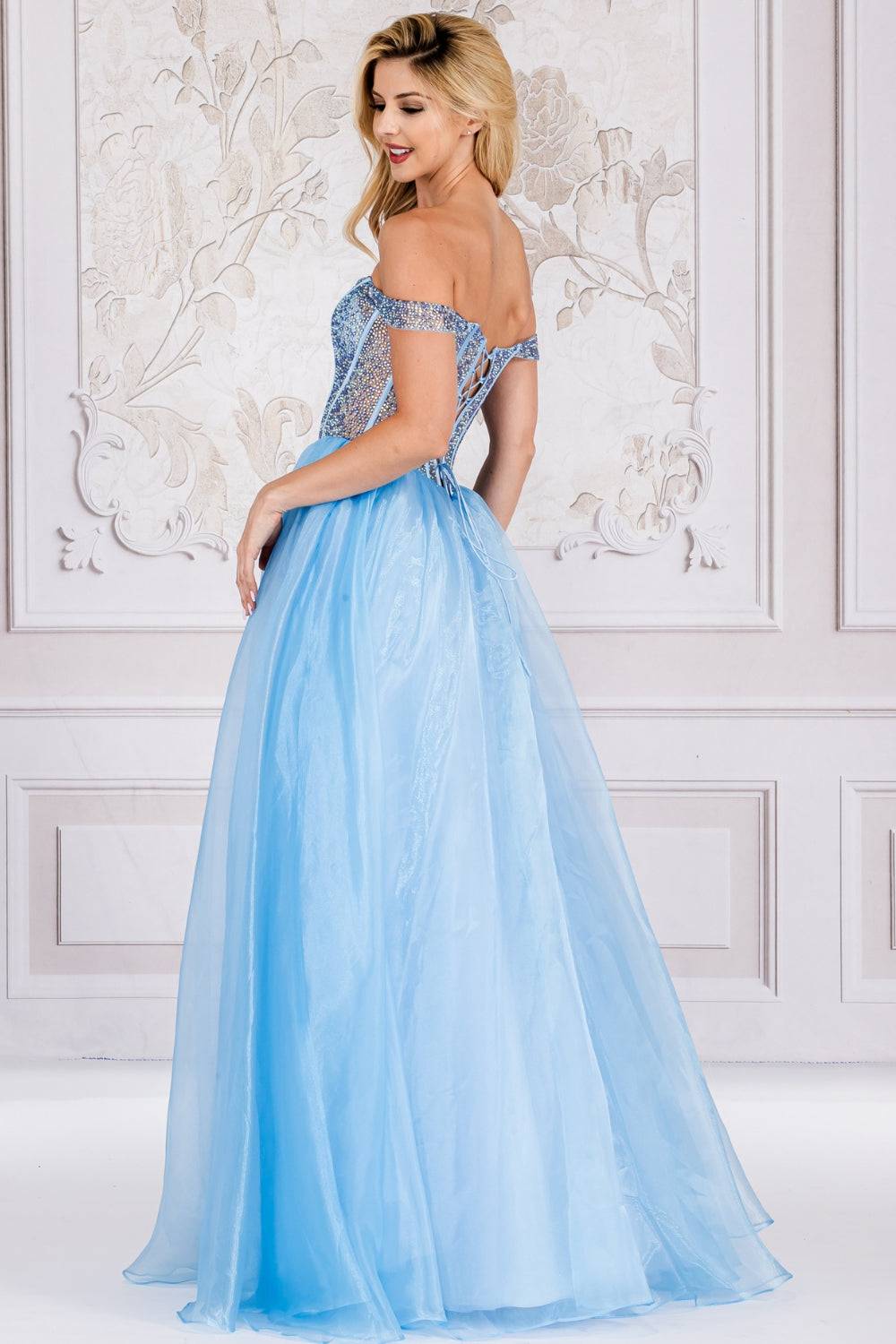 Off Shoulder Sheer Embellished Bodice A-Line Long Prom Dress AC7040