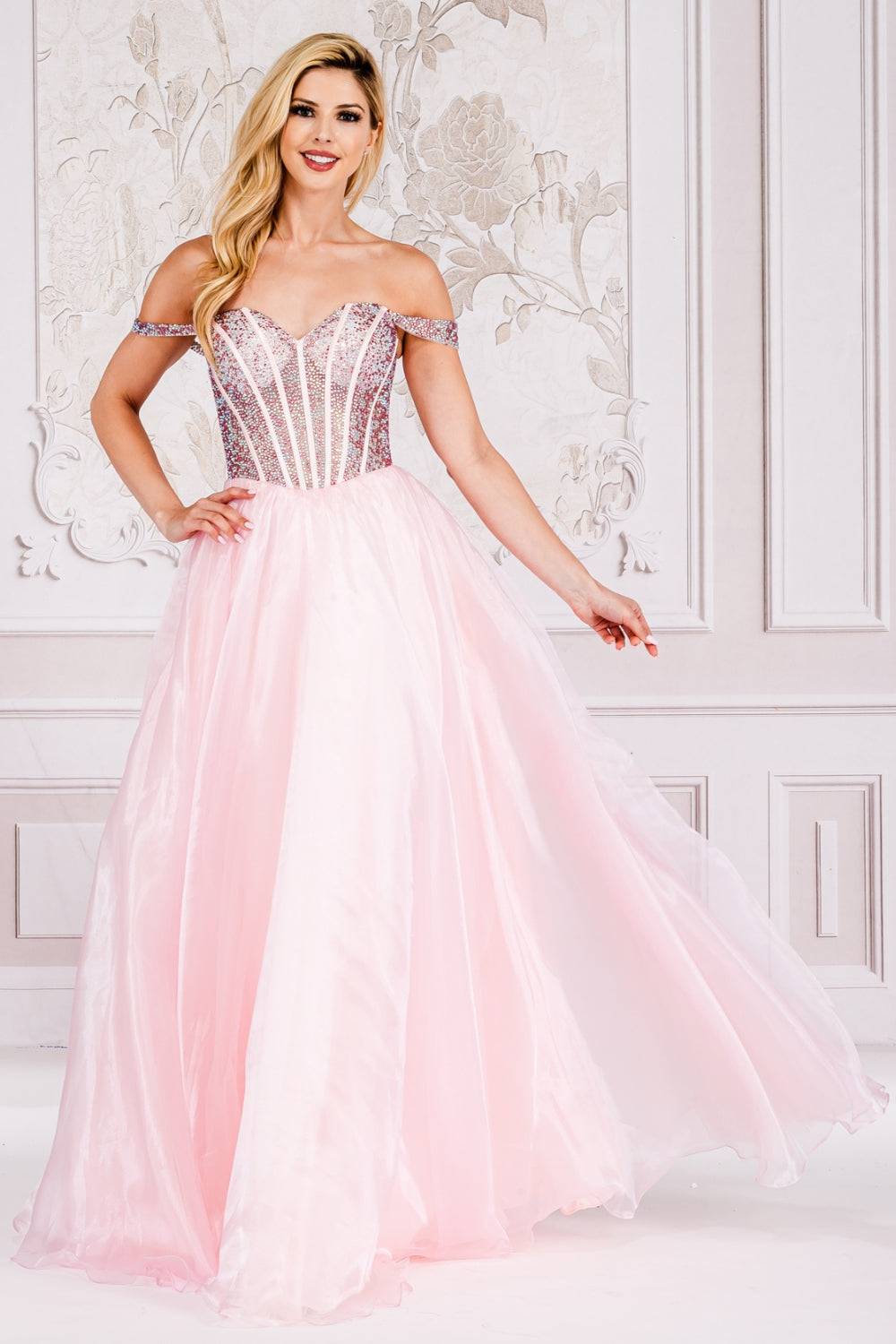 Off Shoulder Sheer Embellished Bodice A-Line Long Prom Dress AC7040