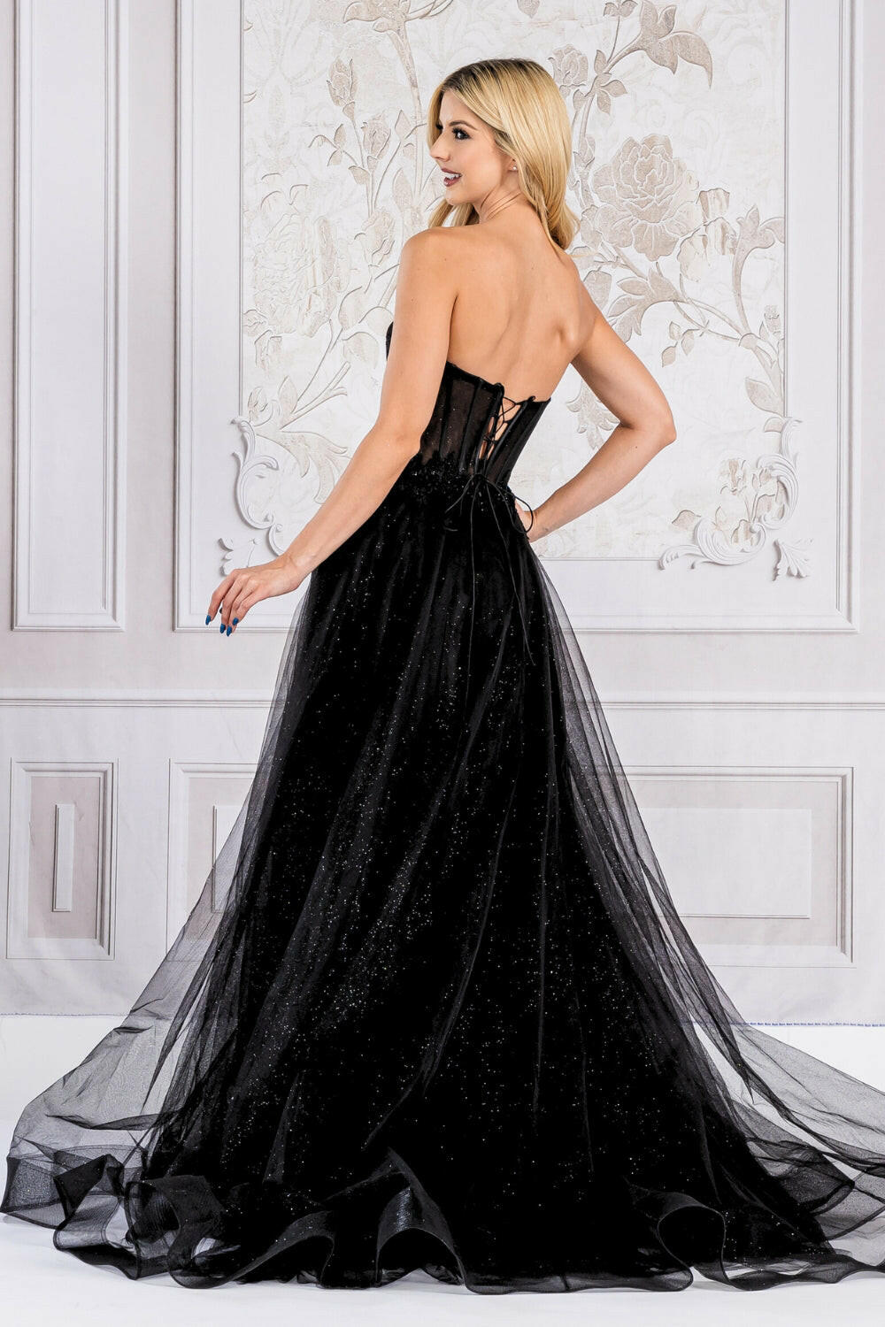 Strapless Embroidered Bodice Side SlitTulle Skirt Long Prom Dress AC7042-1