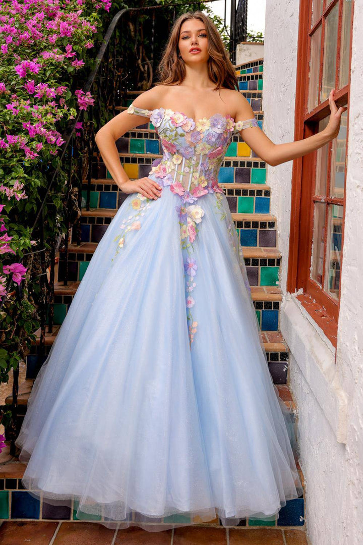 Off Shoulder Tulle Skirt Floral Applique A-Line Long Prom Dress AC6124