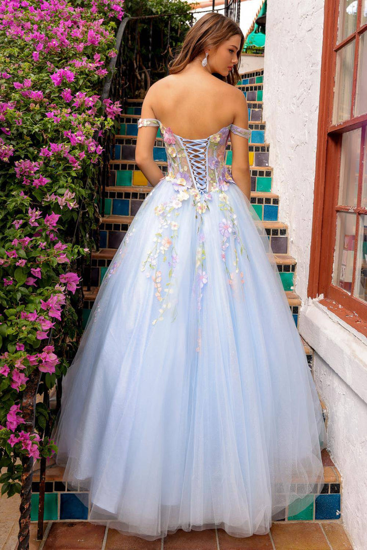 Off Shoulder Tulle Skirt Floral Applique A-Line Long Prom Dress AC6124