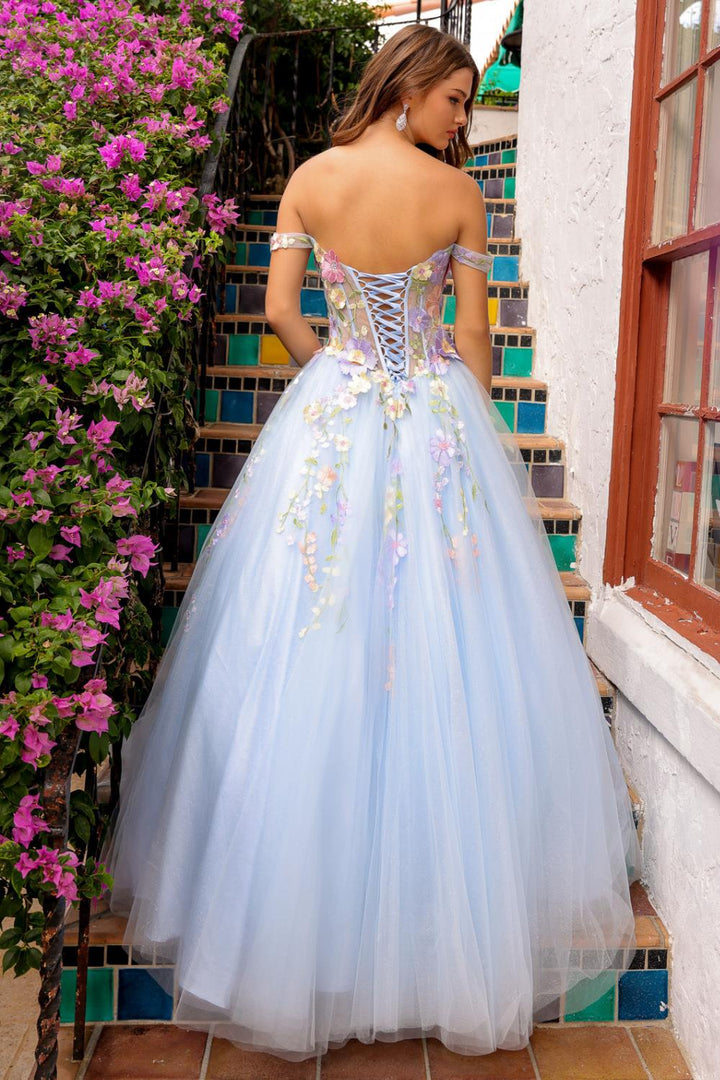 Off Shoulder Tulle Skirt Floral Applique A-Line Long Prom Dress AC6124-1