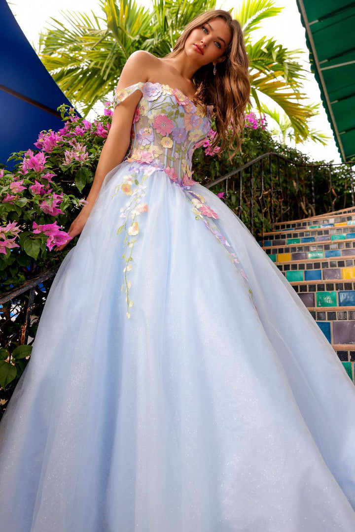 Off Shoulder Tulle Skirt Floral Applique A-Line Long Prom Dress AC6124