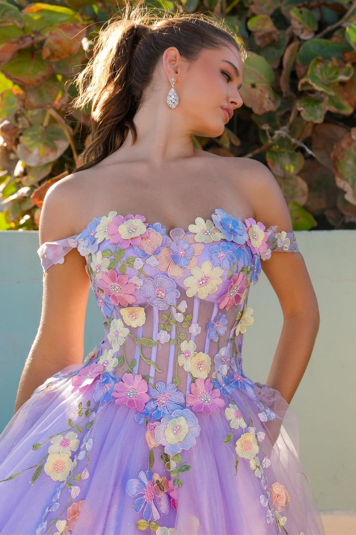 Off Shoulder Tulle Skirt Floral Applique A-Line Long Prom Dress AC6124-4