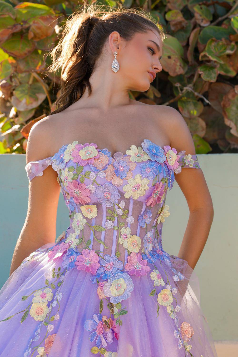 Off Shoulder Tulle Skirt Floral Applique A-Line Long Prom Dress AC6124