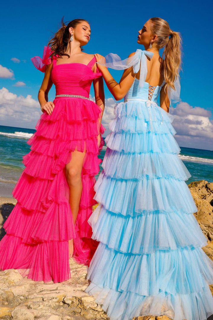 Ruffle Skirt Corset Back Straight Across Long Prom Dress AC6125