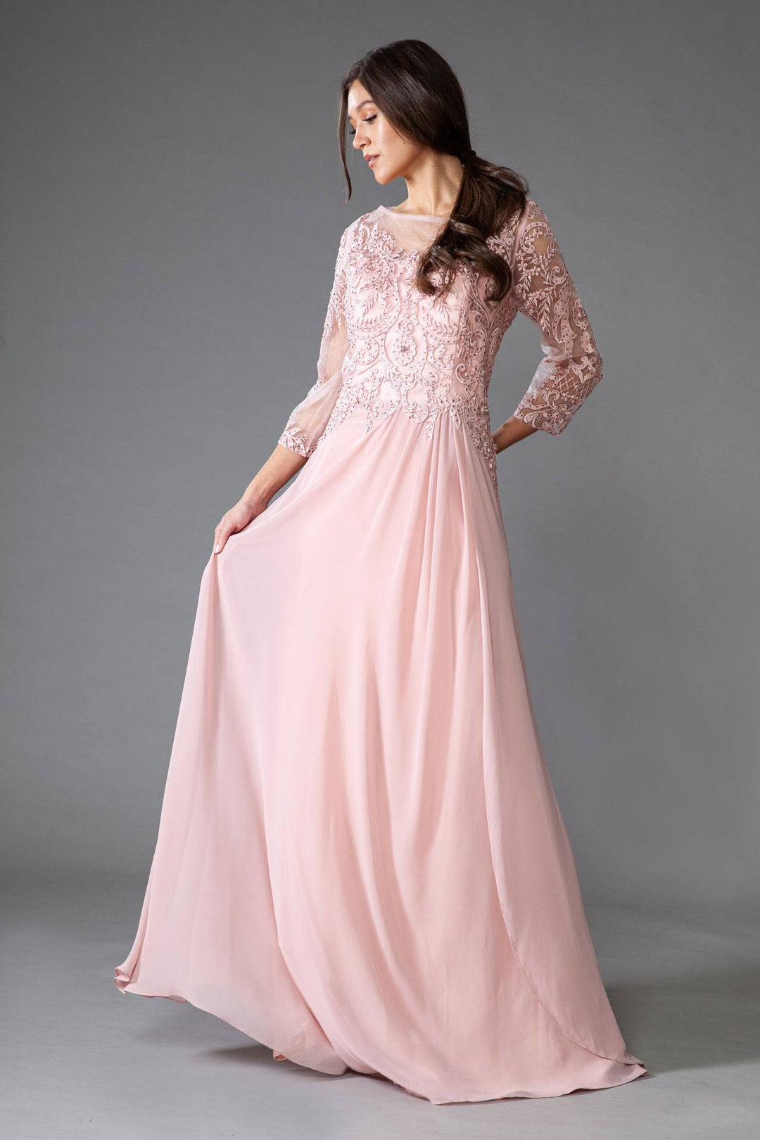 Sheer Sleeves Embroidered Lace Bodice Long Mother Of The Bride Dress AC7043