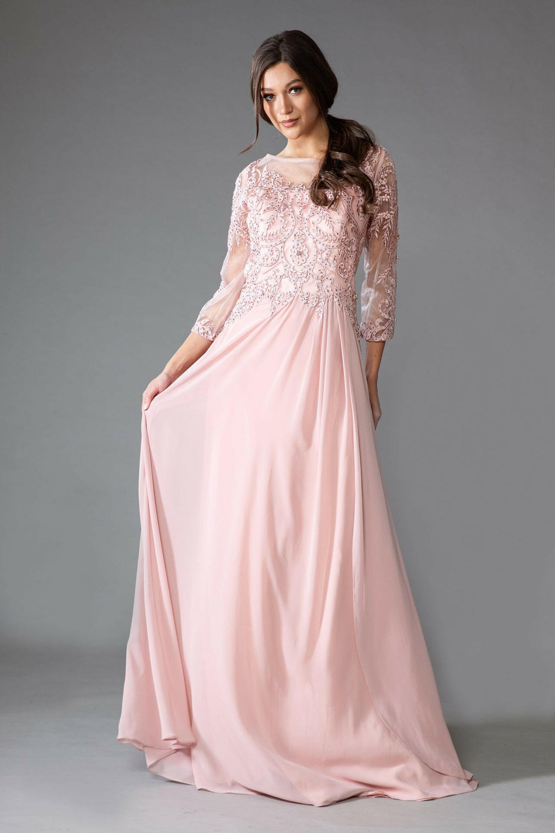 Sheer Sleeves Embroidered Lace Bodice Long Mother Of The Bride Dress AC7043-0